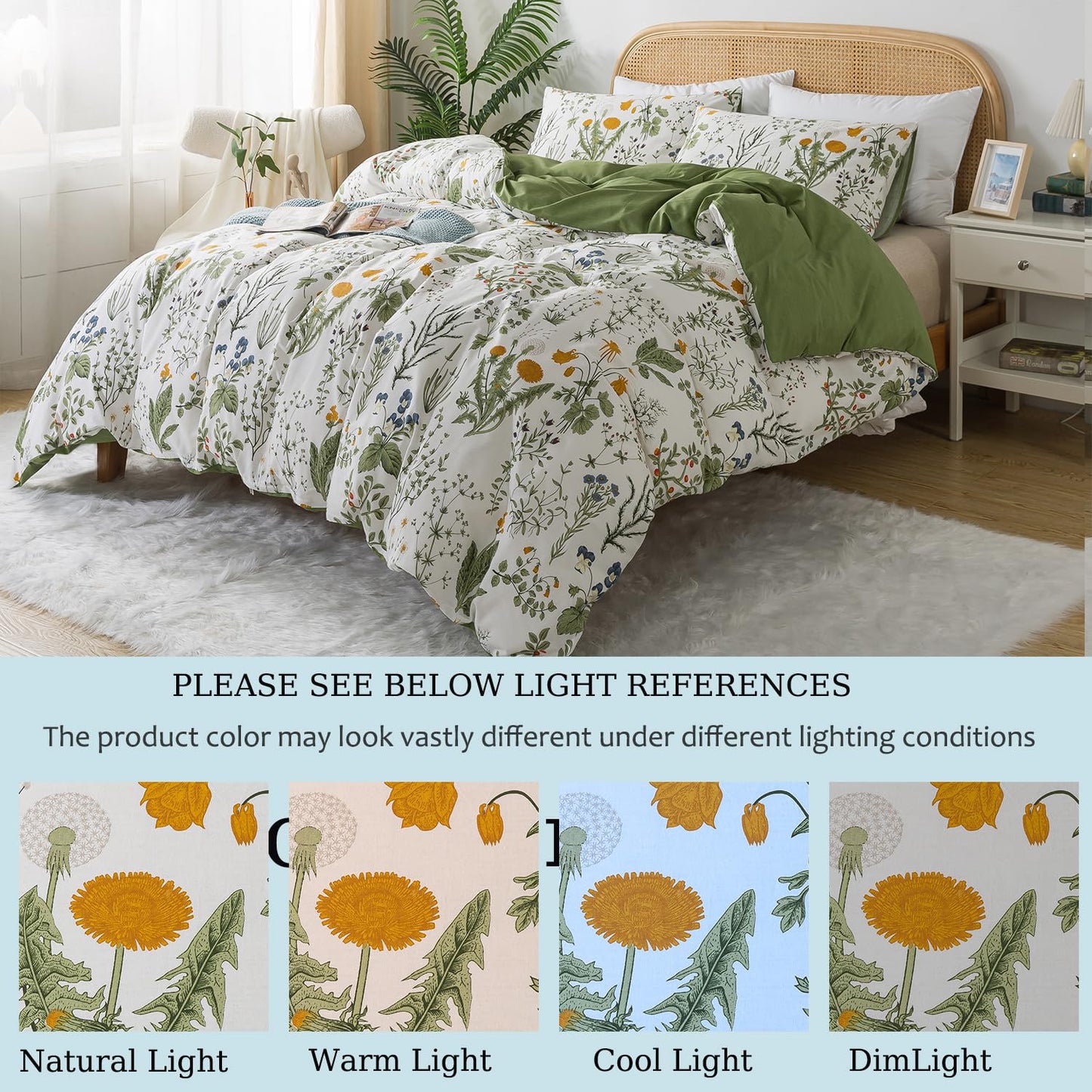 Zusbest Floral Duvet Cover King 100% Percale Cotton Botanical Garden Flower Printed Bedding Reversible Green Yellow Leaves Pattern Comforter Covers French Country Bedding Soft 3Pcs-Not Comforter