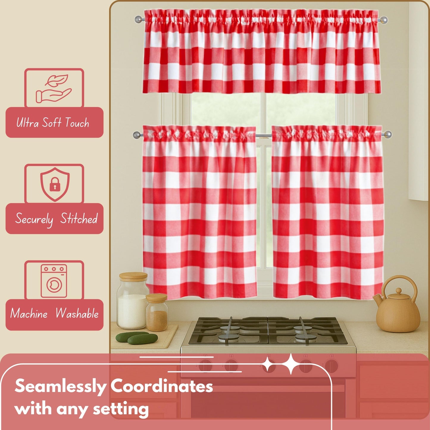 Native Fab Red Buffalo Plaid Window Curtain Set, 3 Piece Cotton Tier and Valance, 2 Tiers 26x36 Inch and Valance 54x18 Inch, Rod Pocket Curtains for Kitchen, Dining, Living Room, Red White