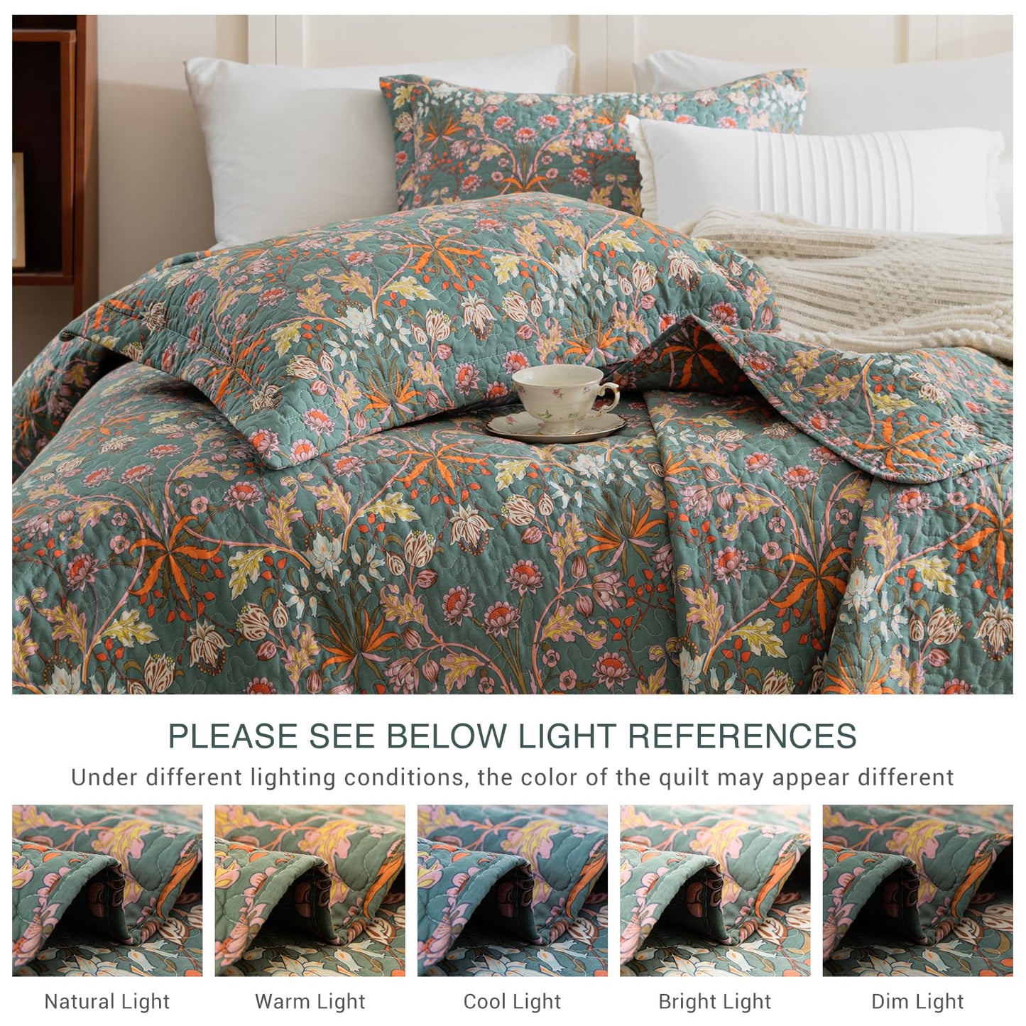 QSH 100% Cotton Oversized King Bedspread Set(128"x120")-3Pcs Floral Quilt Coverlet California King Size Luxury Paisley Flower Botanical Printed Bedspread Bedding Set Lightweight Soft for All Season