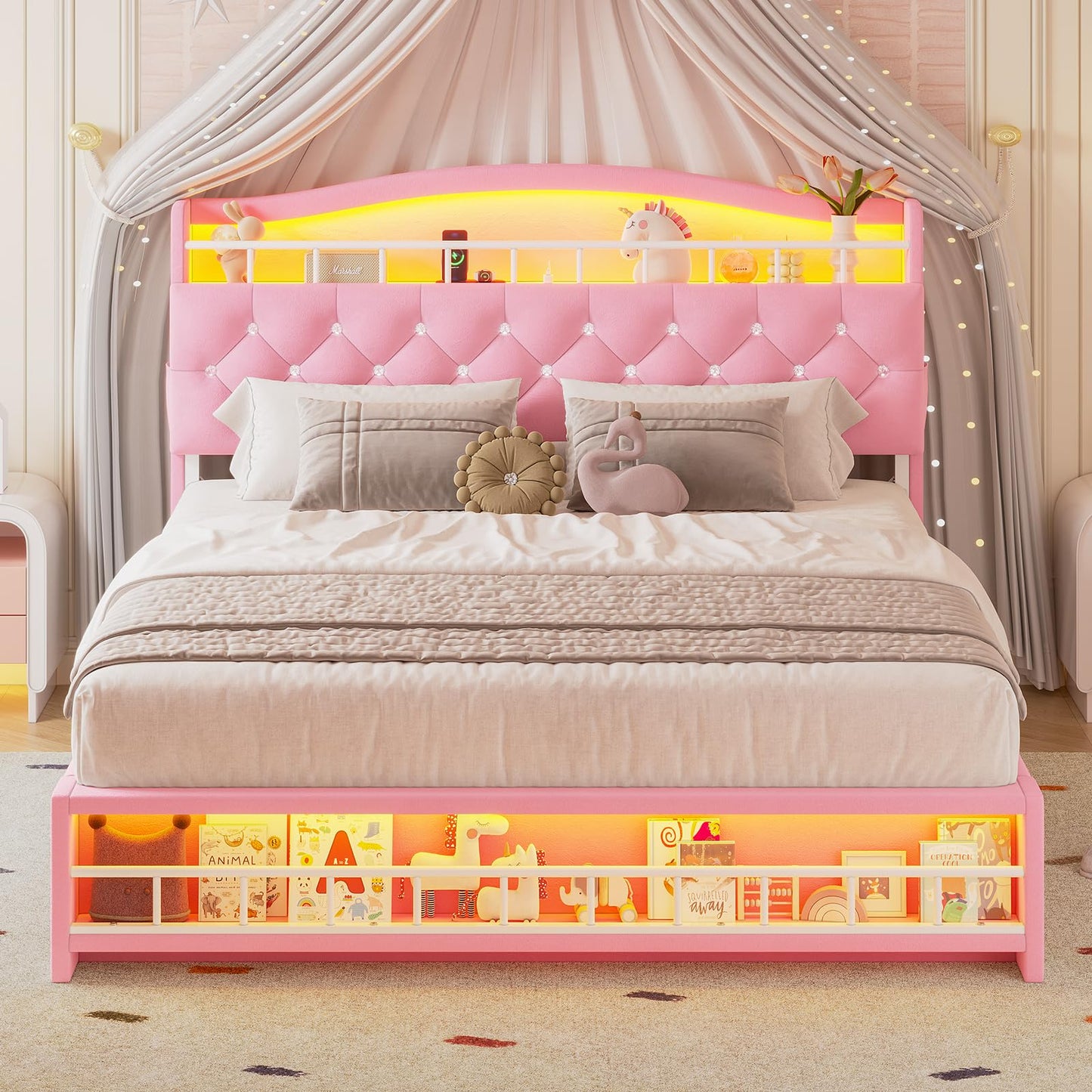 HAUOMS Full Bed Frame with LED Lights, Princess Velvet Upholstered Platform Bed for Girls, Headboard with Charging Station & Guardrail & Crystal Button, No Box Spring Needed, Pink