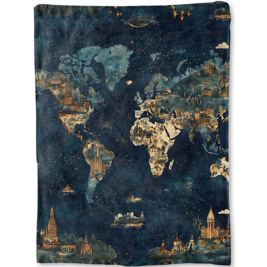 ainori World Map Blanket - Vintage Landmark Design with Night Sky Fleece Throw,Gifts for Women Men Adult, Soft & Warm,Lightweight, for Modern Artistic Decor, Living Room Home Accent 50x60in