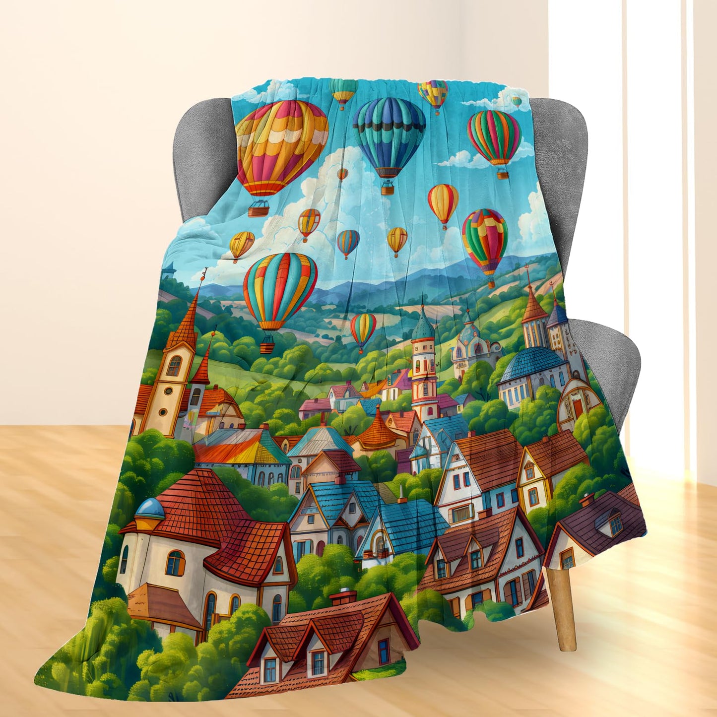 Ti Caldi Charming Hot Air Balloon Village Blanket - Soft Lightweight Cozy Flannel Throw Blanket for Adults Kids Women Men, Warm Fuzzy Blankets for Couch, Bed, Travel, Home Decor, Living Room 60×50 in