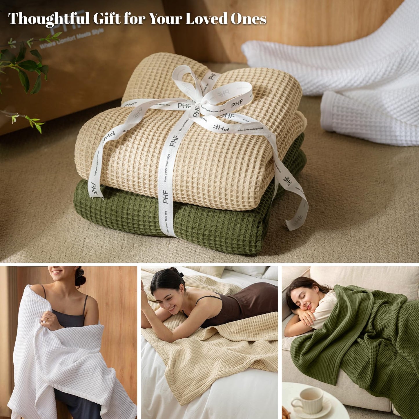 PHF 100% Cotton Waffle & Muslin Blanket Queen Size, Soft Breathable Luxury 400GSM Versatile Reversible Bedding for Bed, Great for Layering in Cold Weather, Home Decor Gift, 90" x 90", White