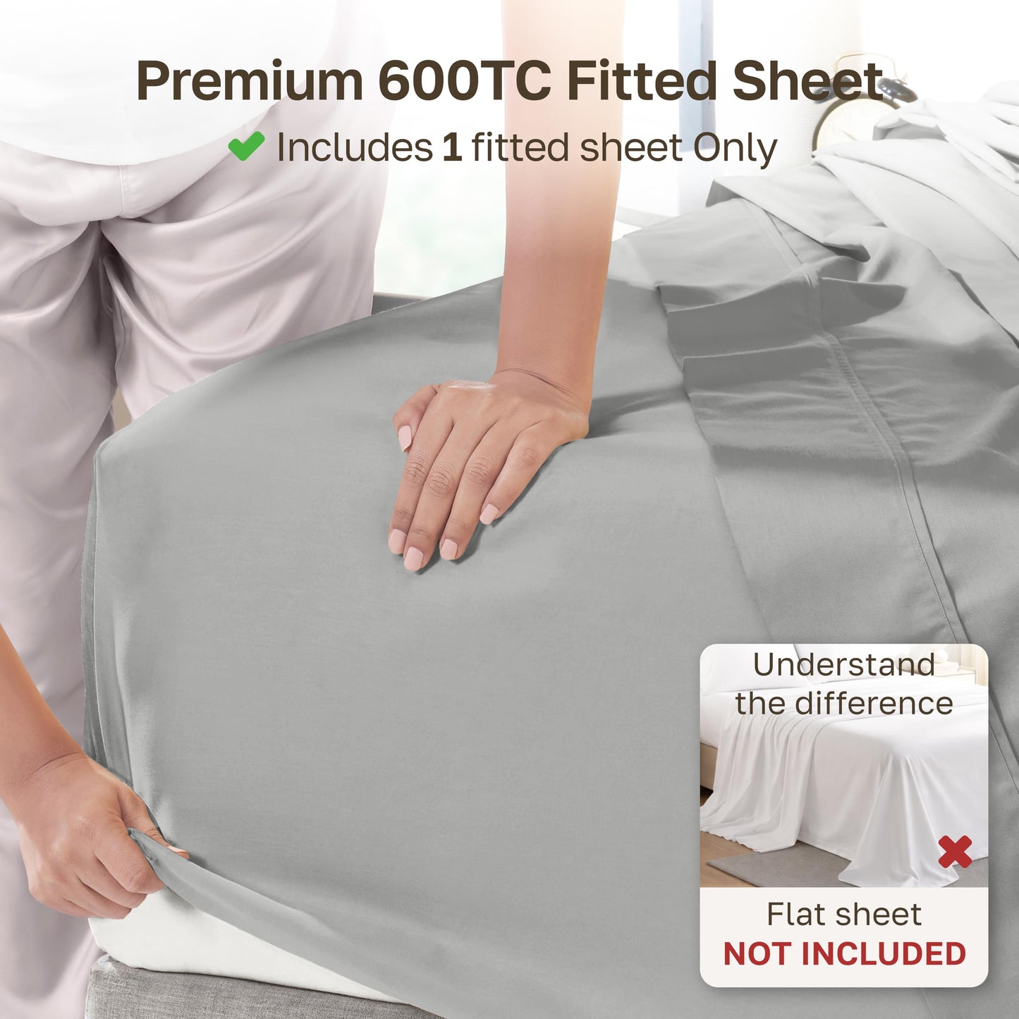 California Design Den Queen Size Fitted Sheet Only - 100% Cotton, 600 Thread Count, Soft Deep Pocket Bottom Fitted Sheet, Sateen Weave, Premium-Feel Bedding, Featuring Foot Side Indicator - Light Grey