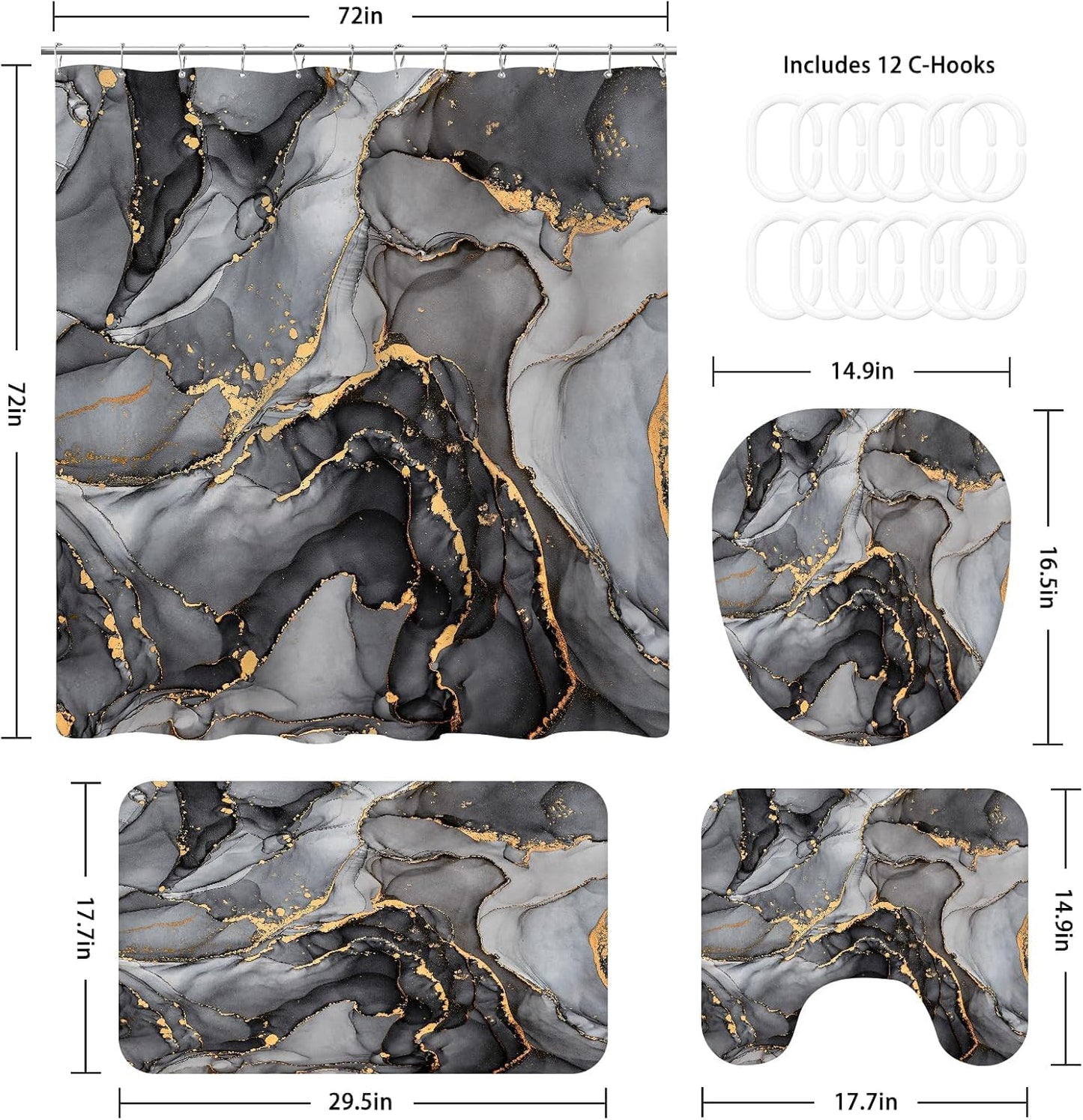 NBVKO 4 Pcs Black Marble Shower Curtain Sets with Rugs Gold Bathroom Sets with Shower Curtain and Rugs Modern Abstract Bathroom Decor Accessories Shower Curtains for Bathroom Toilet Lid Cover