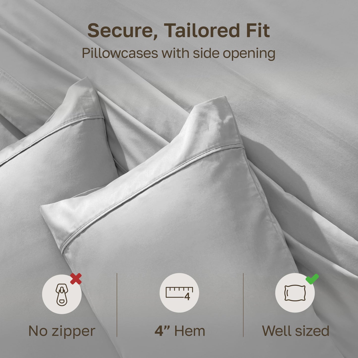 California Design Den Standard Queen Size Pillowcase Set - 400 Thread Count, 100% Cotton Sateen, Set of 2 Pillow Covers, Soft and Breathable - Light Grey