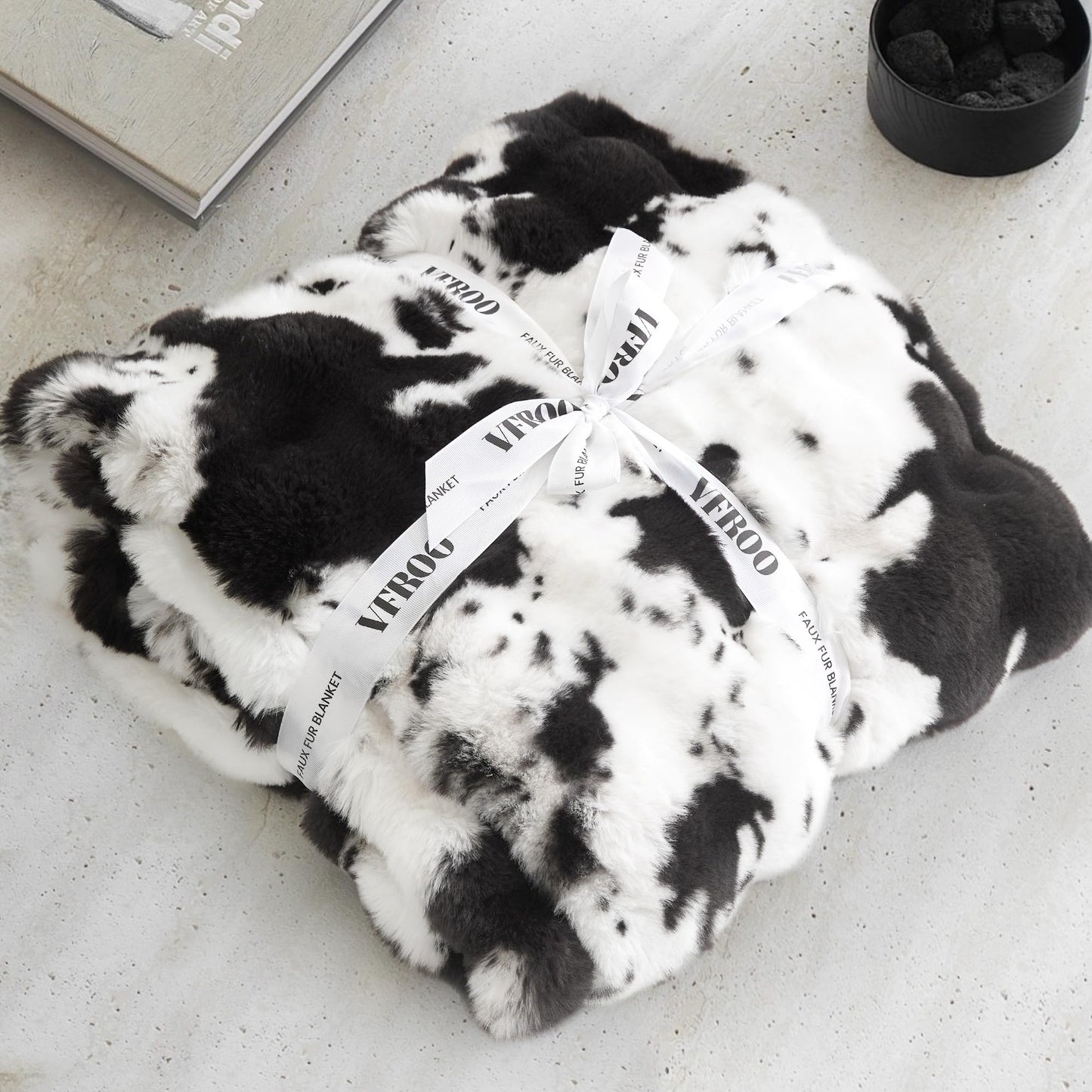 VFROO Ultra Plush Bubble Faux Rabbit Fur Blanket – 950GSM Thick Fluffy Throw Blanket for Bed, Couch, Sofa, Home Decor or Mothers Day Birthday Gifts for Women, 50" × 60", Black Cow