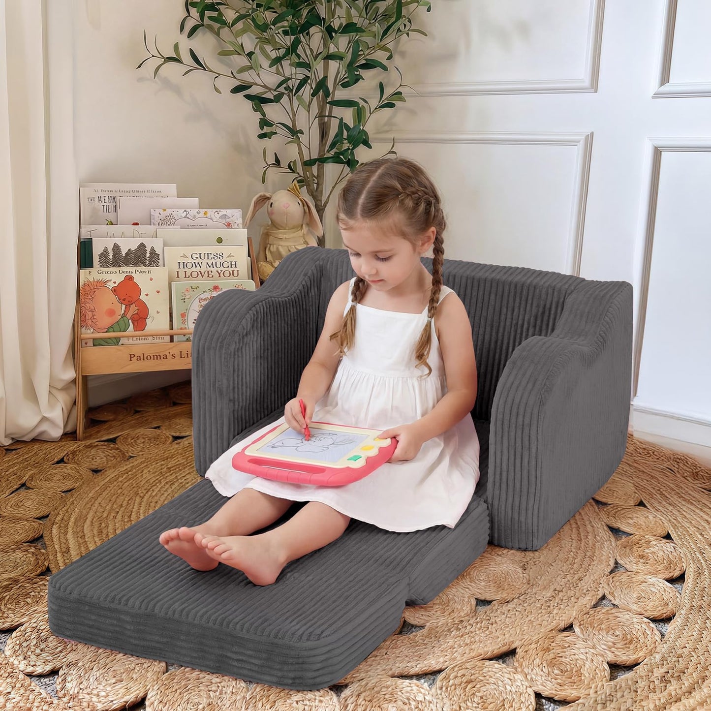 MeMoreCool Kids Chair Comfy for Ages 3+, Corduroy Kids Couch Fold Out, 2-in-1 Foldable Kids Armchair, Pull Out Children Sofa, Dark Grey