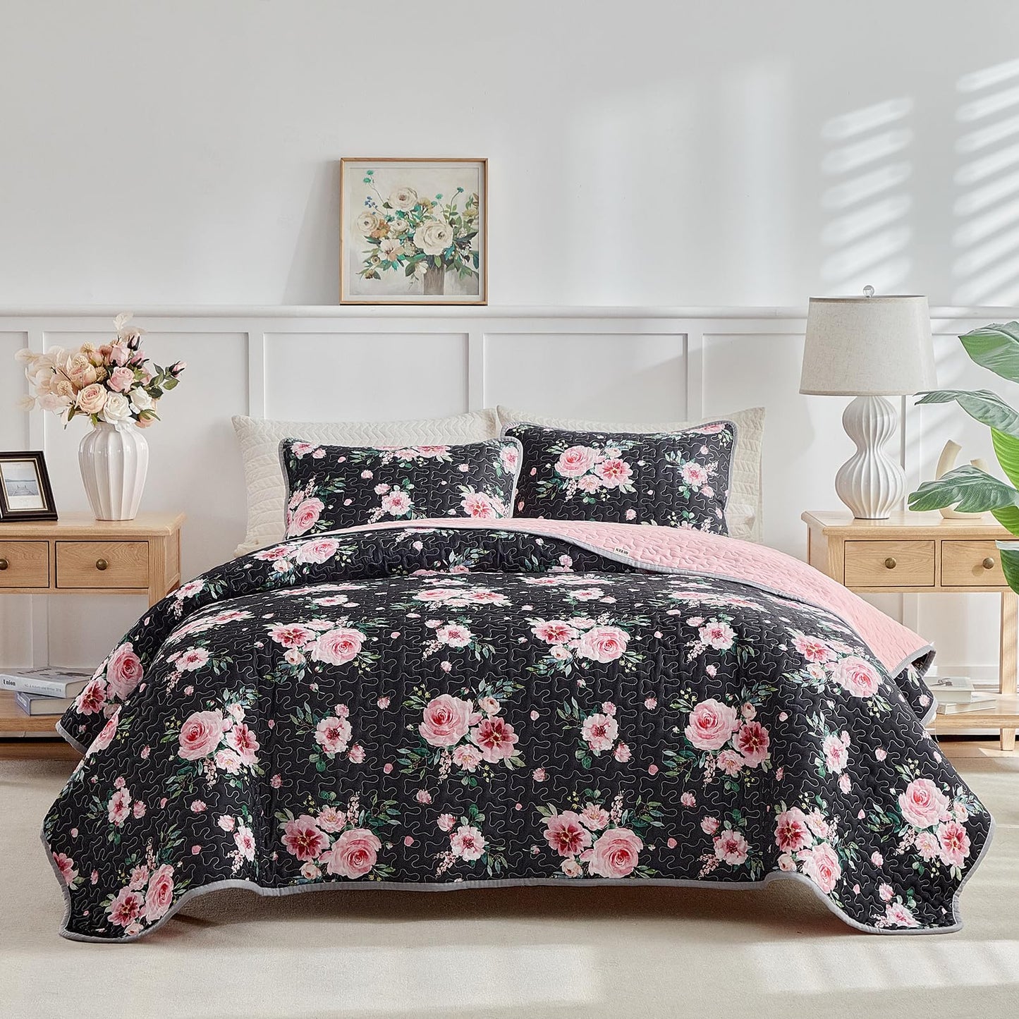 Floral Quilt Set 3 Pieces Queen Size Black Pink Flower with Green Leaves Soft Microfiber Lightweight Summer Reversible Coverlet Bedspread for All Season -1 Quilt 88*88 + 2 Pillow Shams