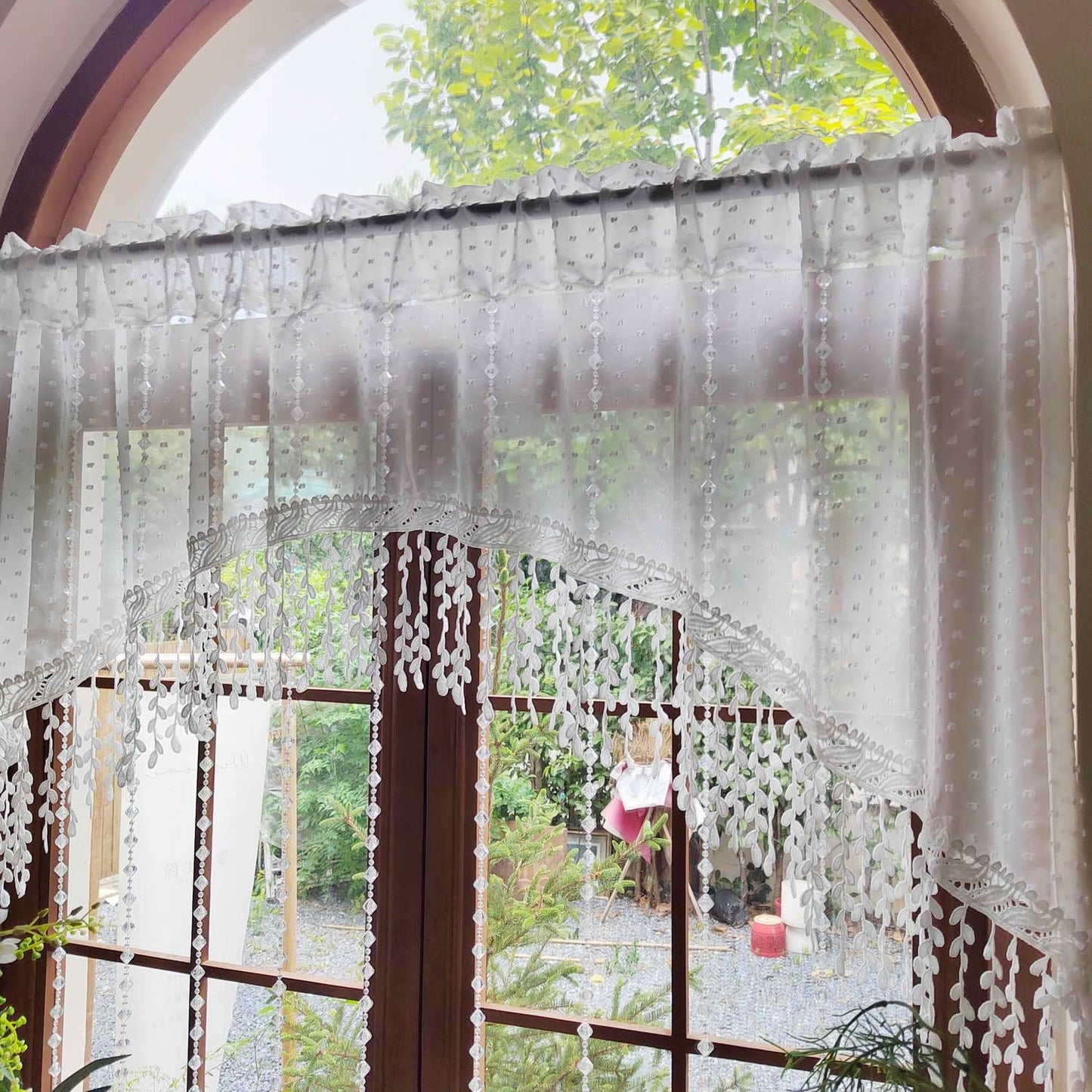 White Arched Sheer Valance Boho Pompom Short Curtain Tier with Crystal Beads for Doorways Tassels Swag Curtain Room Divider Dining Room Glass Door Rod Pocket 1Panel (W59 X L43 INCH,White)