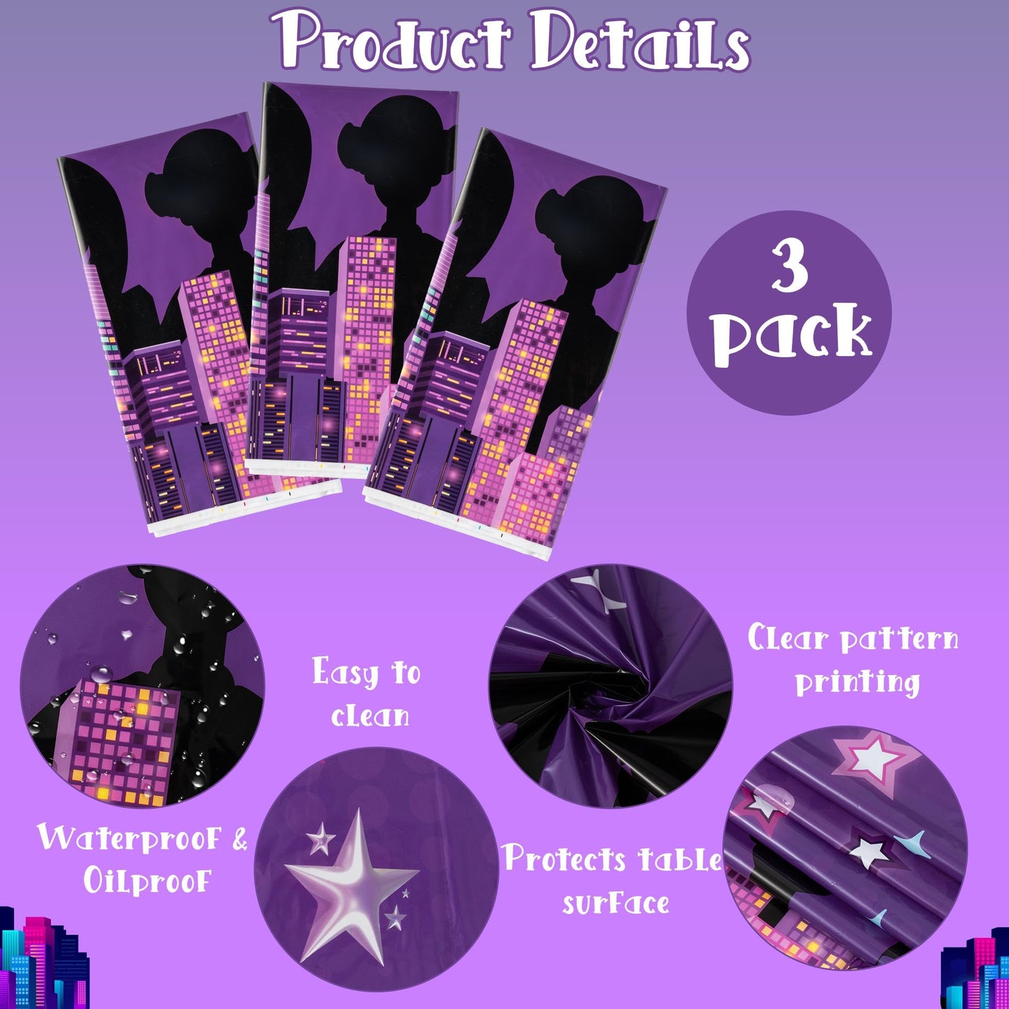 Feuid Gniea Korean Pop Singer Table Cloths - 3 Korean Idol Singer Musical Table Cover Disposable Plastic Waterproof Tablecloths Purple Cartoon Party Supplies for Boys Girls Fans Concert Birthday Party
