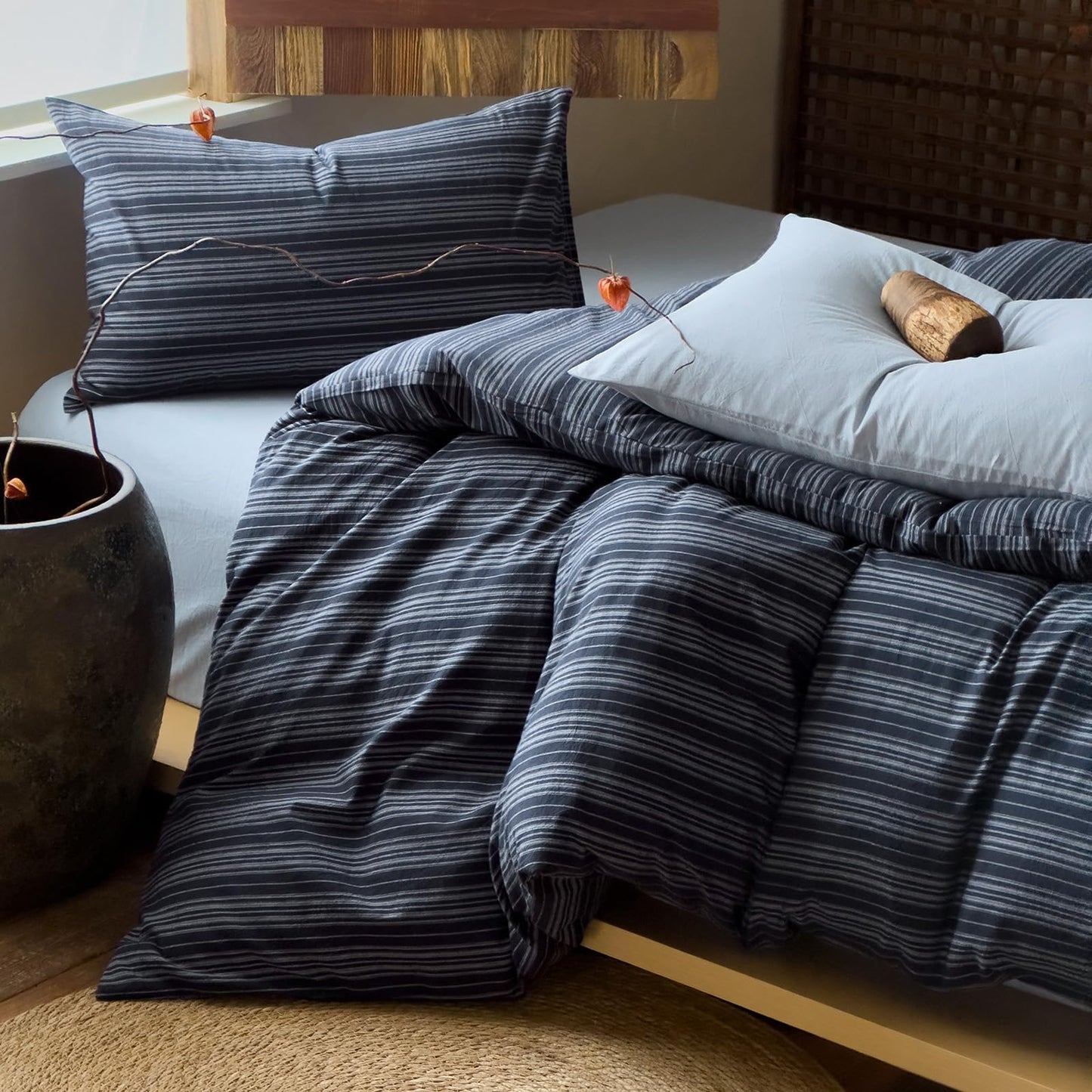 VM VOUGEMARKET Blue White Stripe Duvet Cover Set – Soft Washed Cotton,Modern Neutral Ticking Pinstripe Minimalist, 3 Pieces,Navy Blue,Queen Size