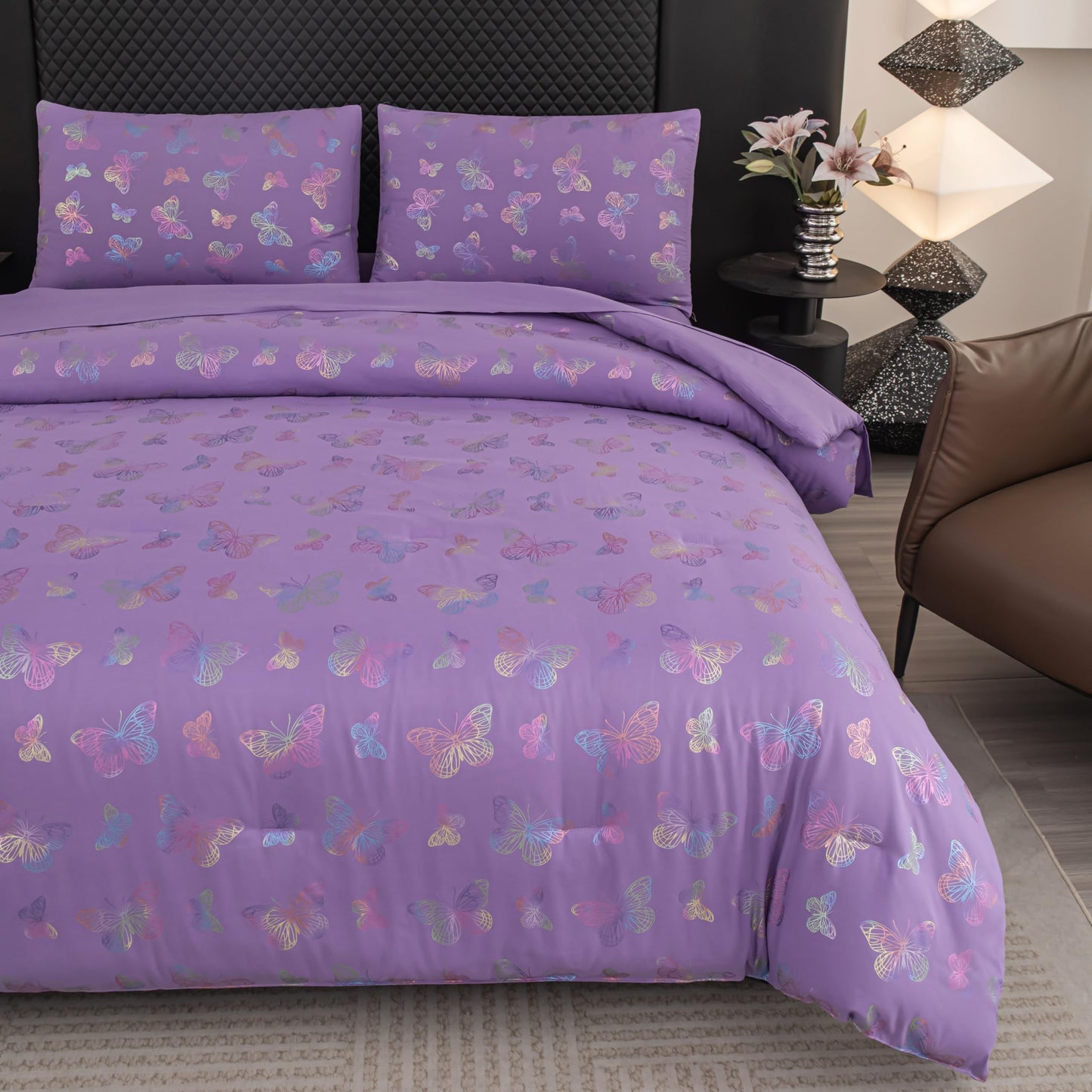Yadangxiawa Butterfly Comforter Set Twin,Purple Bedding Twin,Purple Comforter Set,Girls Bedroom Comforter Sets(Purples,5PCS)
