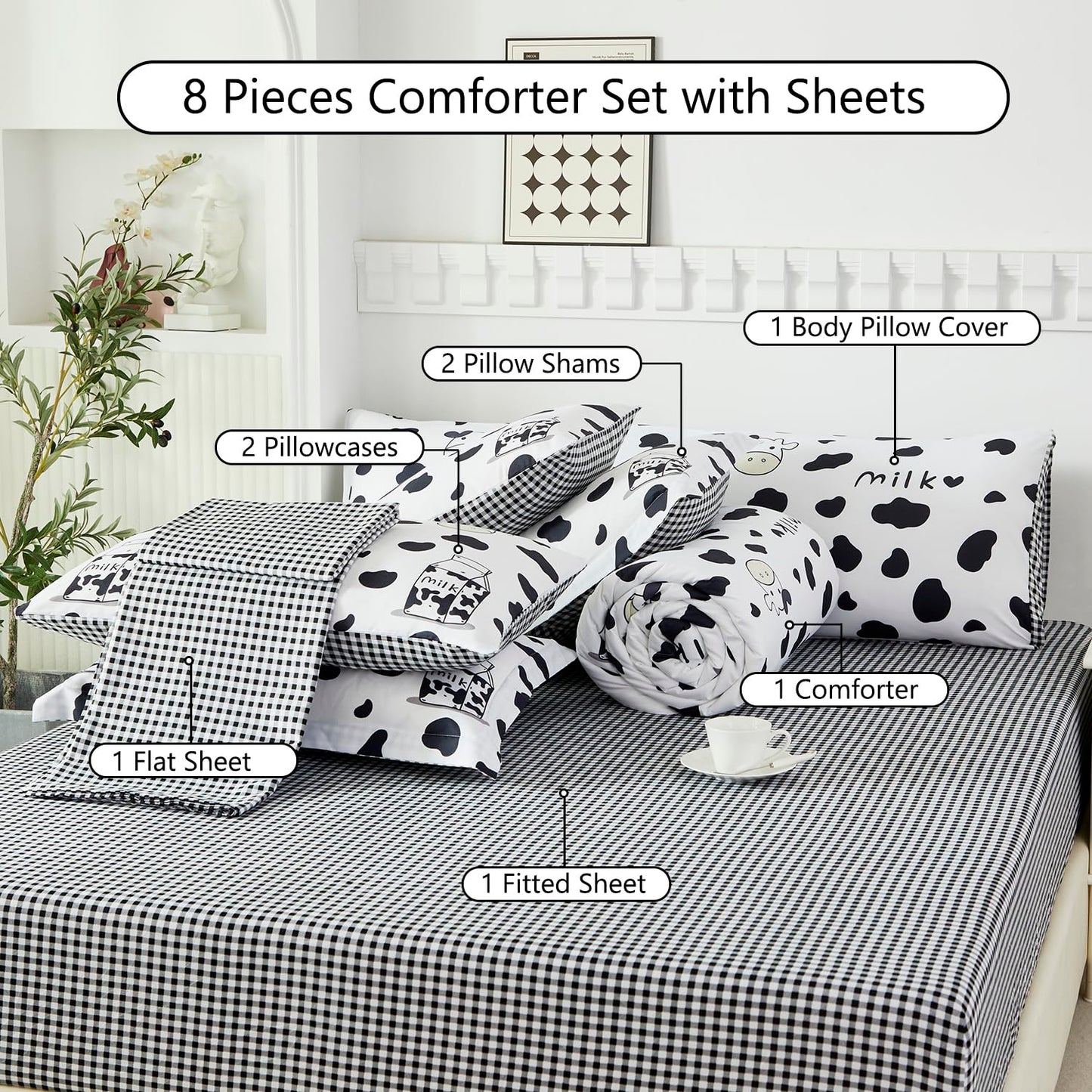 SUCSES Full Size Comforter Set with Sheets 8 Piece Cow Print Bedding Set for Boys Girls Black and White Kids Bed-in-A-Bag Farmhouse Rustic Bed Set for Bedroom (Milk Cow, Full)