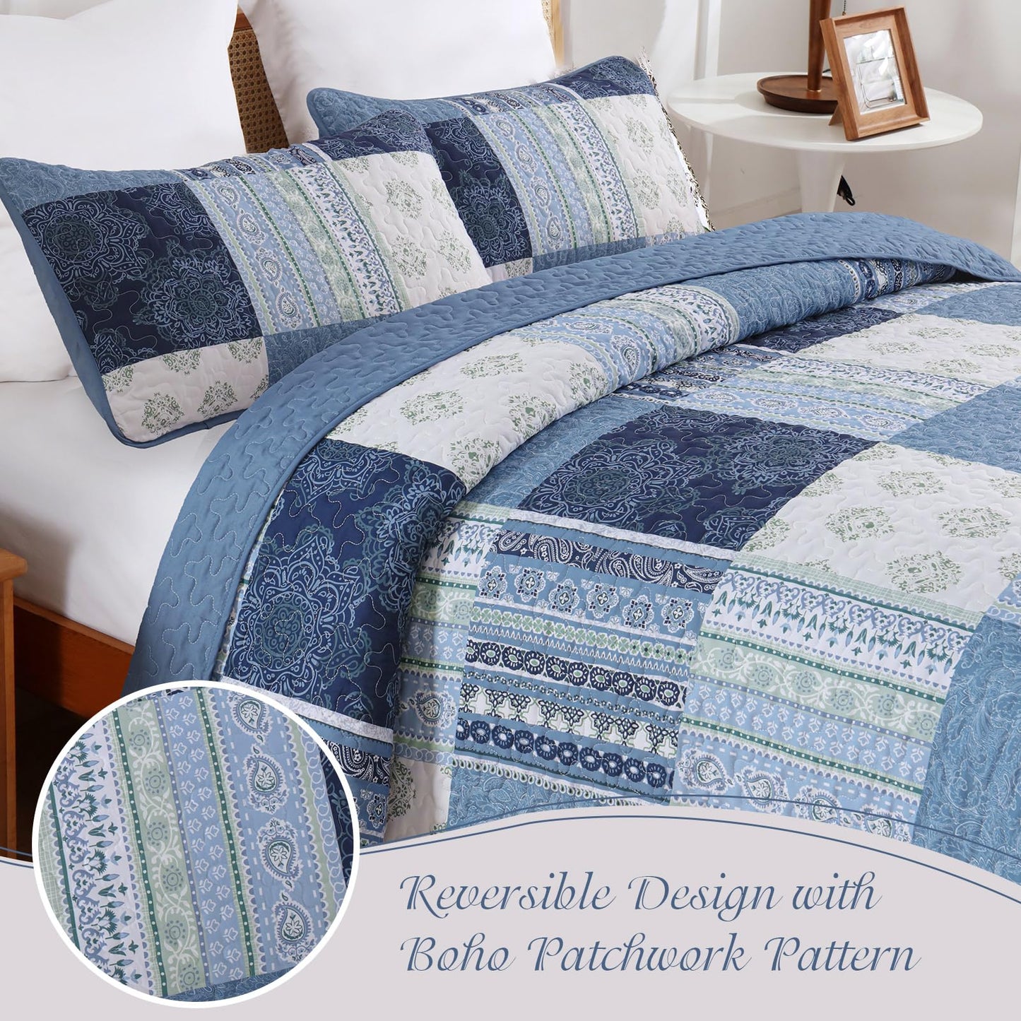Dintszyayue Blue Patchwork Quilt Set Queen Size,3 Pieces Boho Bedspread Coverlet Set Plaid Bohemian Quilt Bedding Set Reversible Bed Cover Soft Lightweight Coverlet Set (Queen,96"x90")