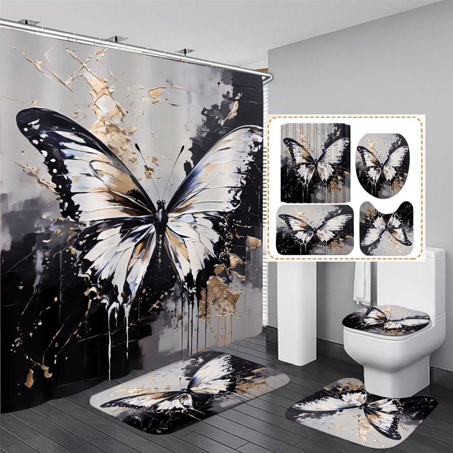 Chrainy 4pcs Black Butterfly Shower Curtain Set with Rugs Grey and Gold Bathroom Set Modern Bathroom Accessories Decor with Bath Mats,Rugs