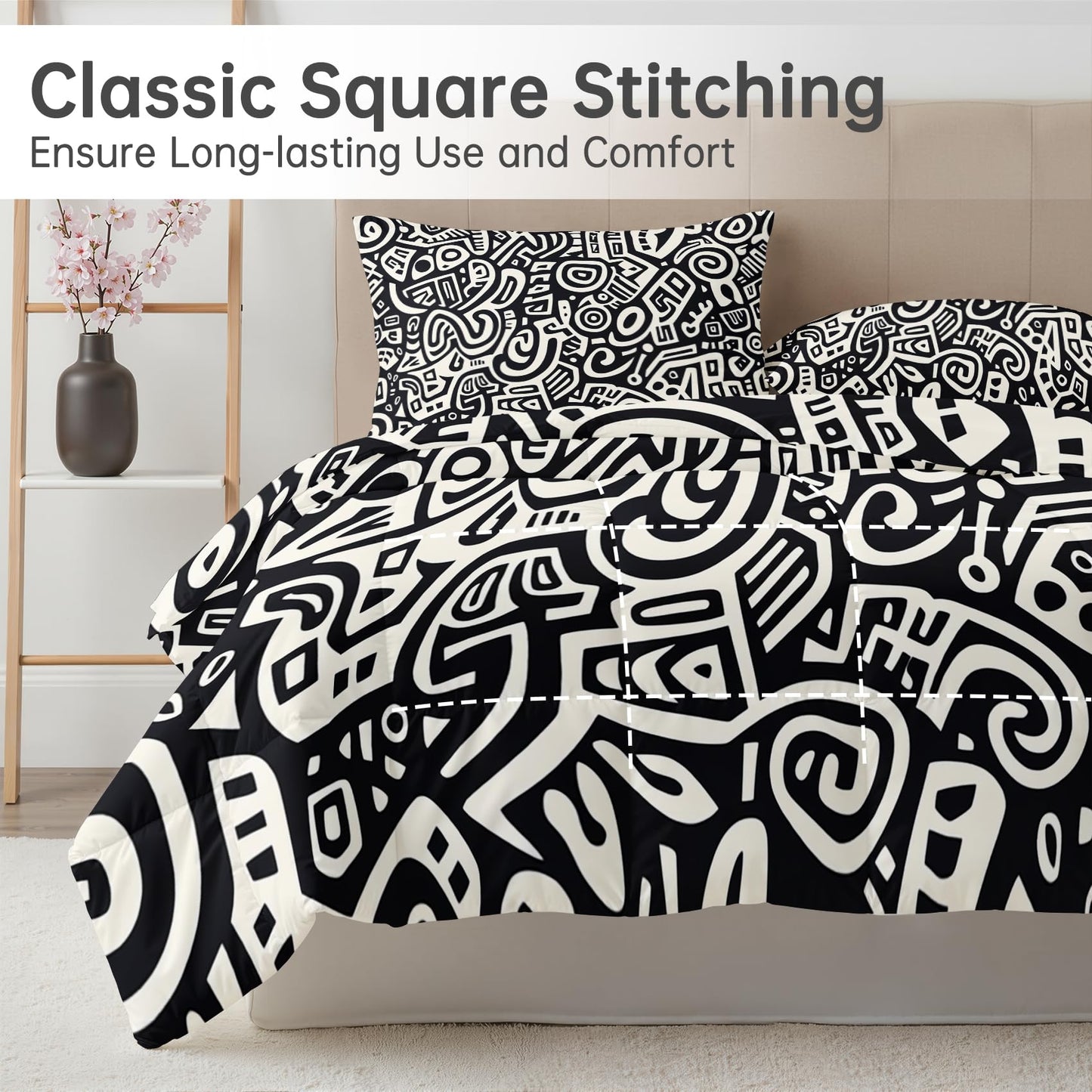 Abstract Art Comforter Set Queen Size 3 Pcs - All Season Comforter & 2 Pillowcases, Black and White Bedding Set, Soft Lightweight Down Alternative Duvet Insert, Tribal Graffiti Bedroom Decor