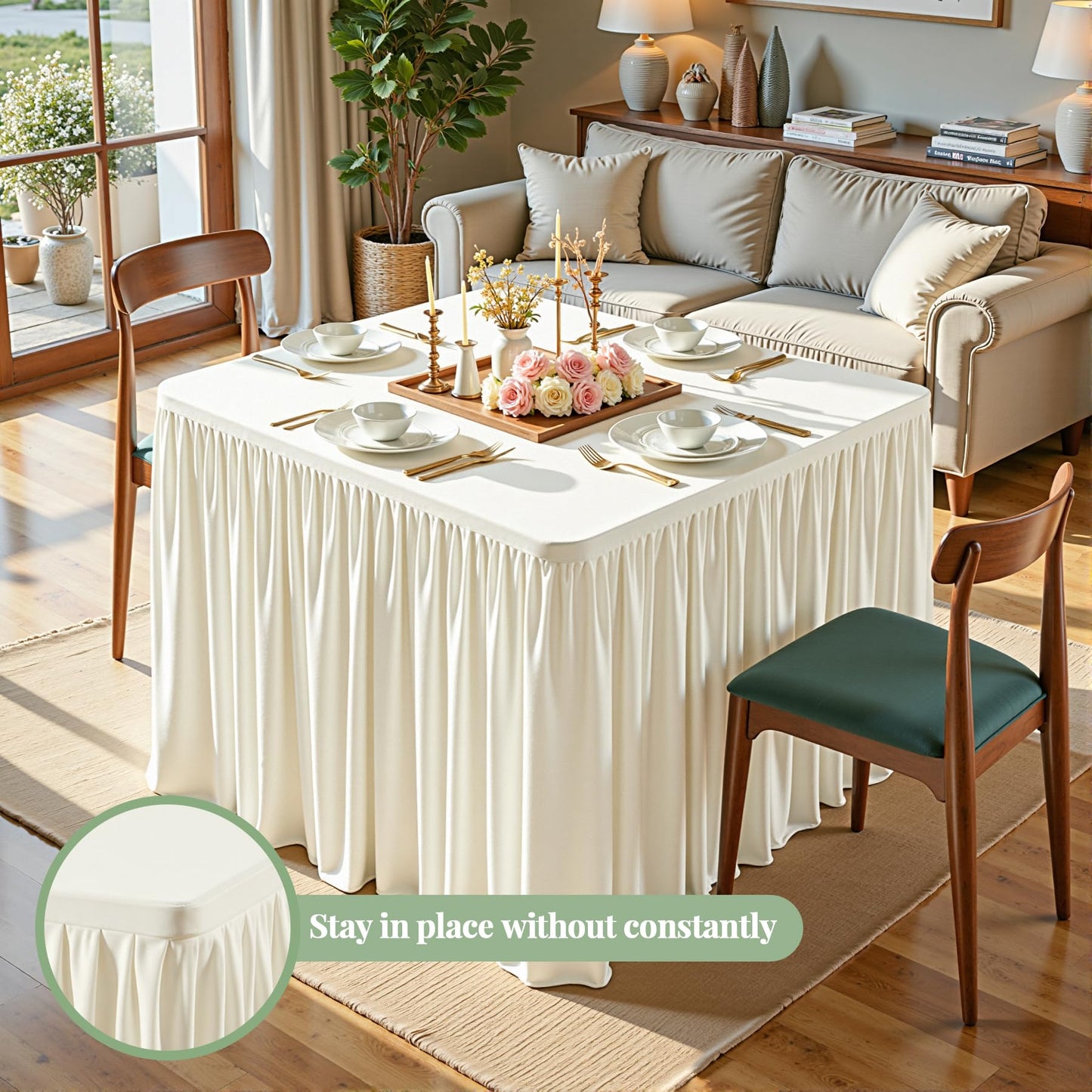 Ivory Square Tableloths 34x34 Inch 2 Packs, Stretch Fitted Square Table Cloth Washable Fabric Card Table Cover with Pleated Ruffle Skirt for Dining,Kitchen,Buffet Parties,Trade Show,Vendor Stand