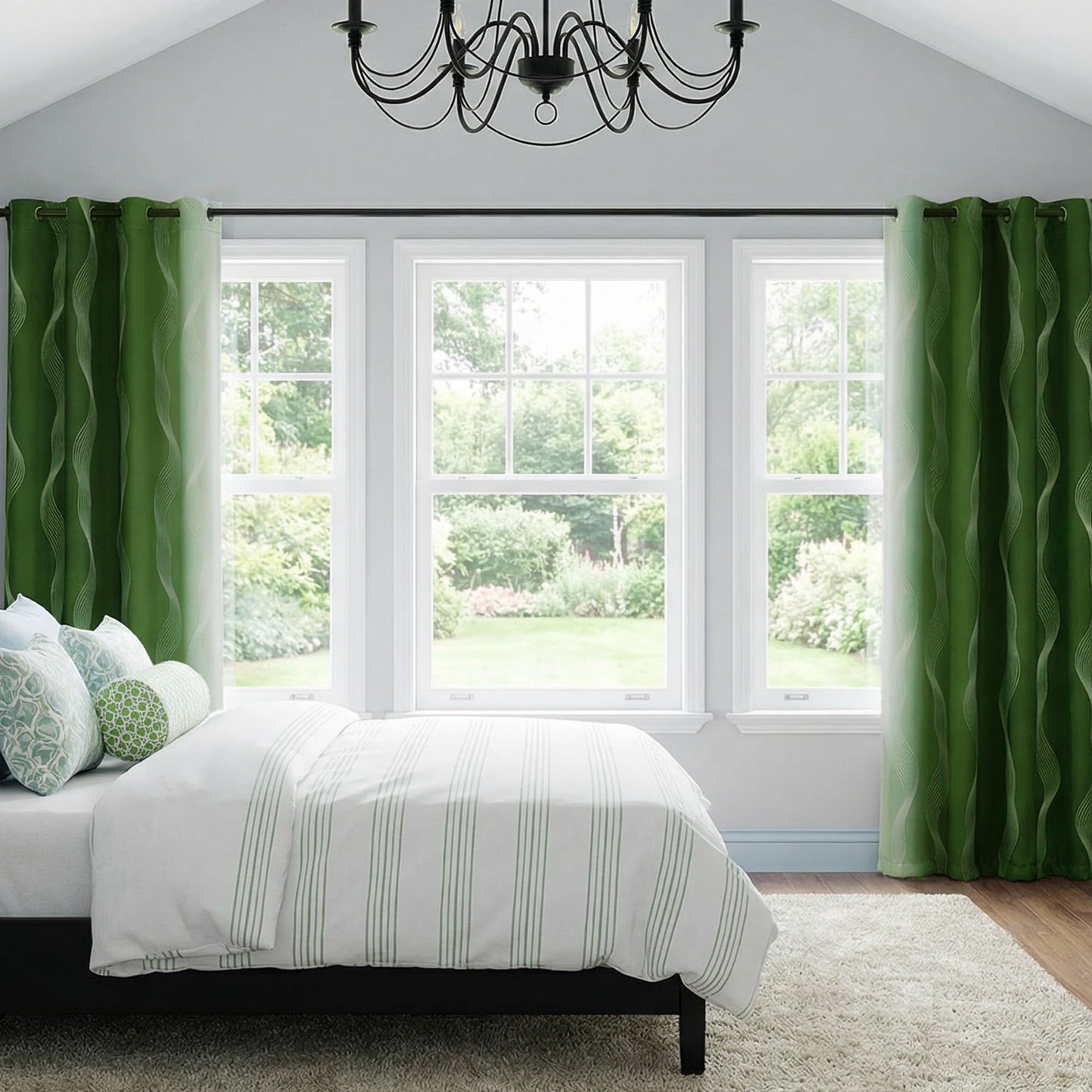 MYSKY HOME Green and Greyish White 95% Blackout Ombre Curtains 84 inch Long 2 Panels for Living Room Bedroom Geometric Patterned Black Out Thermal Insulated Wave Line Foil Grommet Drapes, 52" W