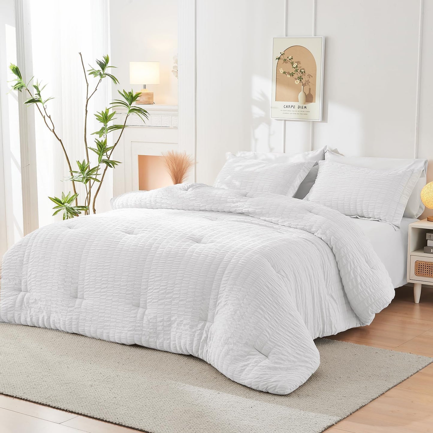 HYMOKEGE White Twin Comforter Set Seersucker 5 Pieces, All Season Luxury Bed in a Bag for Bedroom, Bedding Set with Comforters, Sheets, Pillowcase & Sham