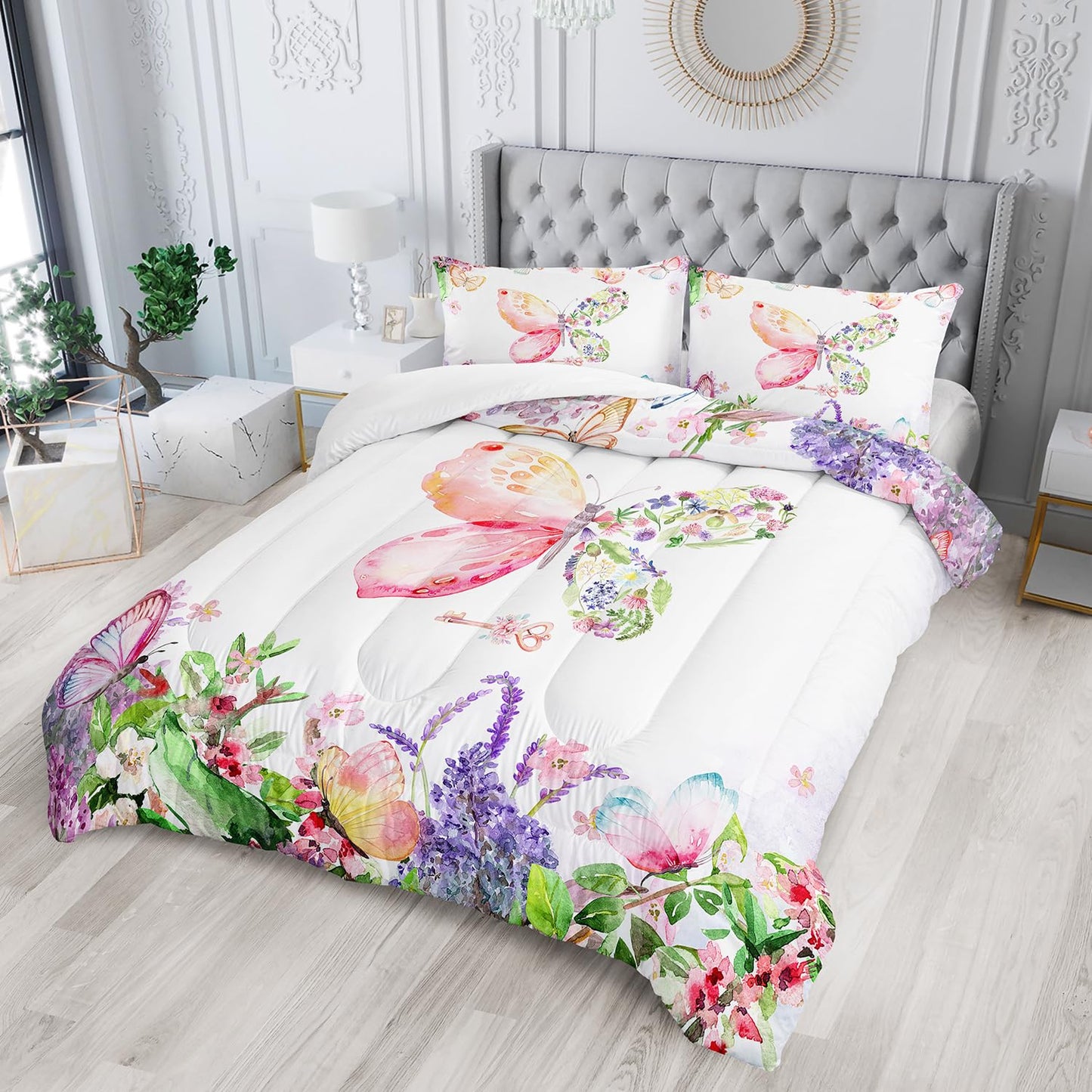 Nttopship Kids Butterfly Comforter Set King Size for Girls，Tie Dye Butterflies Bedding Set for Bedroom, Butterflies Toddler Bedding Set All Season 1 Comforter and 2 Pillowcases