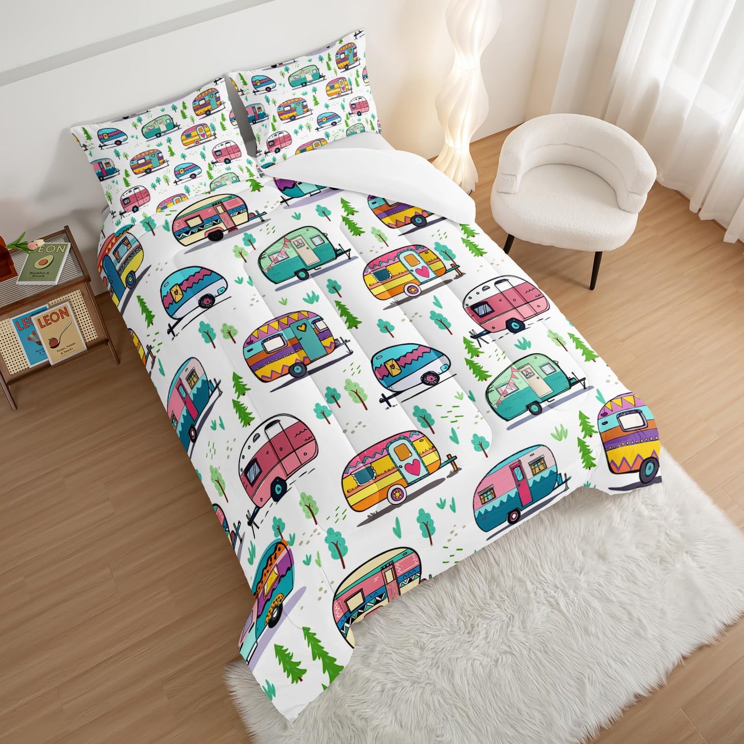 HOSIMA Happy Camping Bedding Queen Comforter Set for Girls Boys,Rustic Farmhouse Camping Trailer Bedding Set,Camping Trailer Forest Printed Comforter Kids Bedding Set with 2 Pillowcases.
