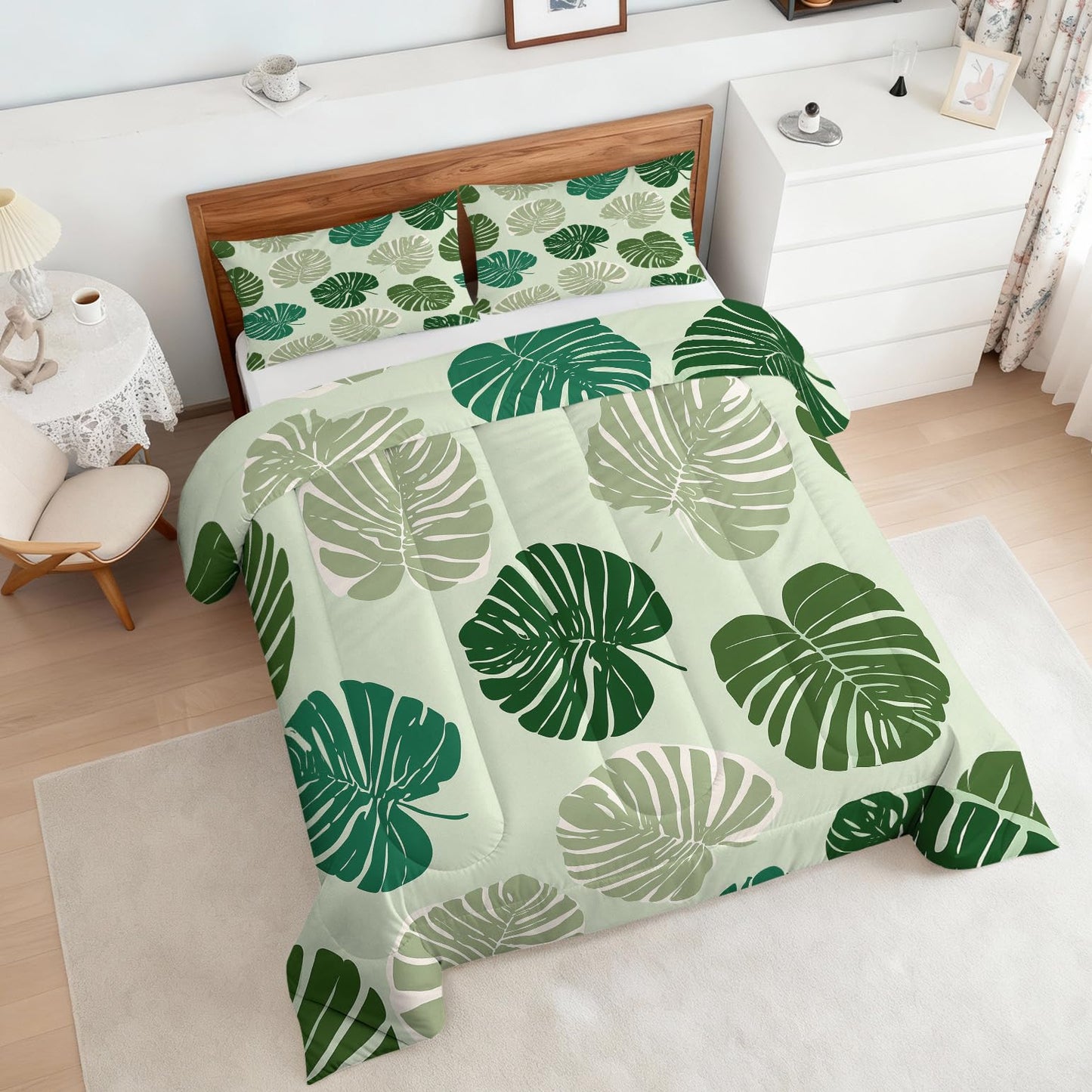 Palm Leaf Comforter Set King Size 3Pc, Green Tropical Plants Pattern Down Alternative Bed Comforter, 2 Pillow Shams, Soft All Season Bedding, Leaf Bedroom Decor A9