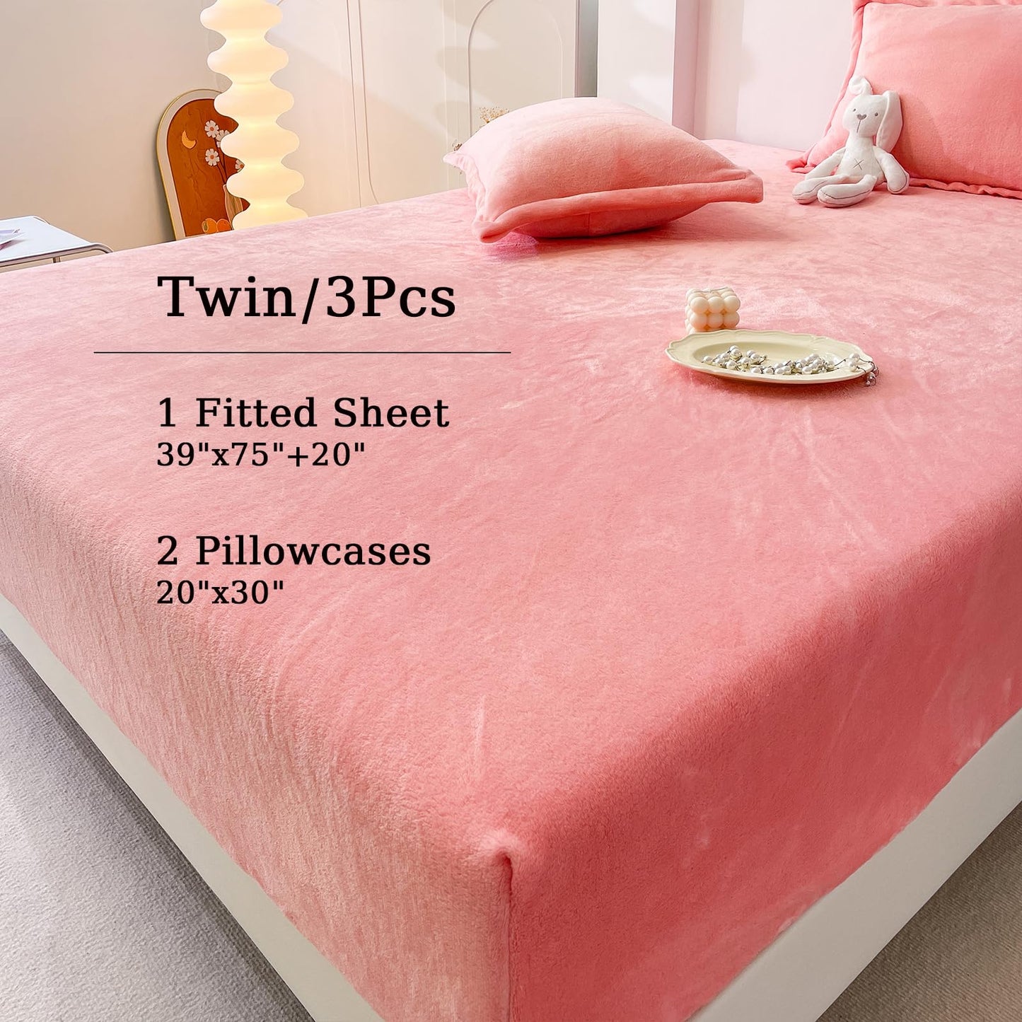 MorroMorn Luxury Plush Fleece Fitted Sheet Sets with 20" Deep Pocket for Thick Mattresses 360° Snug Fit Non-Slip, Ultra Soft 3-Piece Bedding Set Cozy Warm for Cold Sleepers (Pink, Twin)
