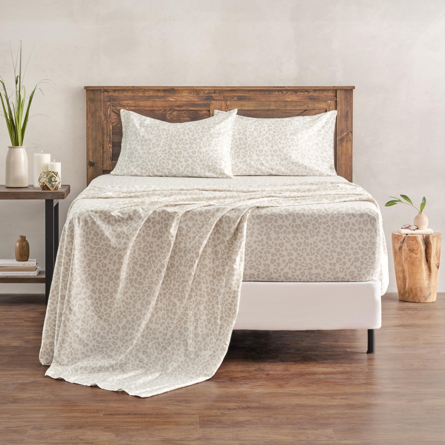 Elegant Cotton 100% Pure Organic Cotton Sheets Set King Size - Leopard Beige Pattern Print Super Soft Sheet - 4 Piece Set - Fitted Sheet, Flat Sheet & 2 Pillow Covers - King