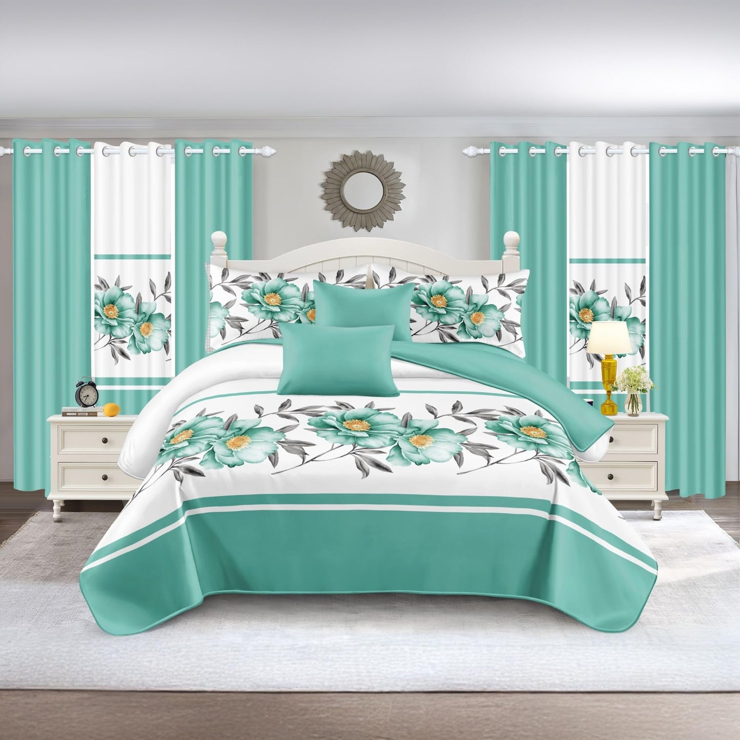 CozyCreatures Vintage Boho Olive Green King Light Comforter Set, 9-Piece Bed in a Bag with Curtains, Brushed Microfiber Bedspread Set with Matching Curtains for Master Bedroom, Machine Washable