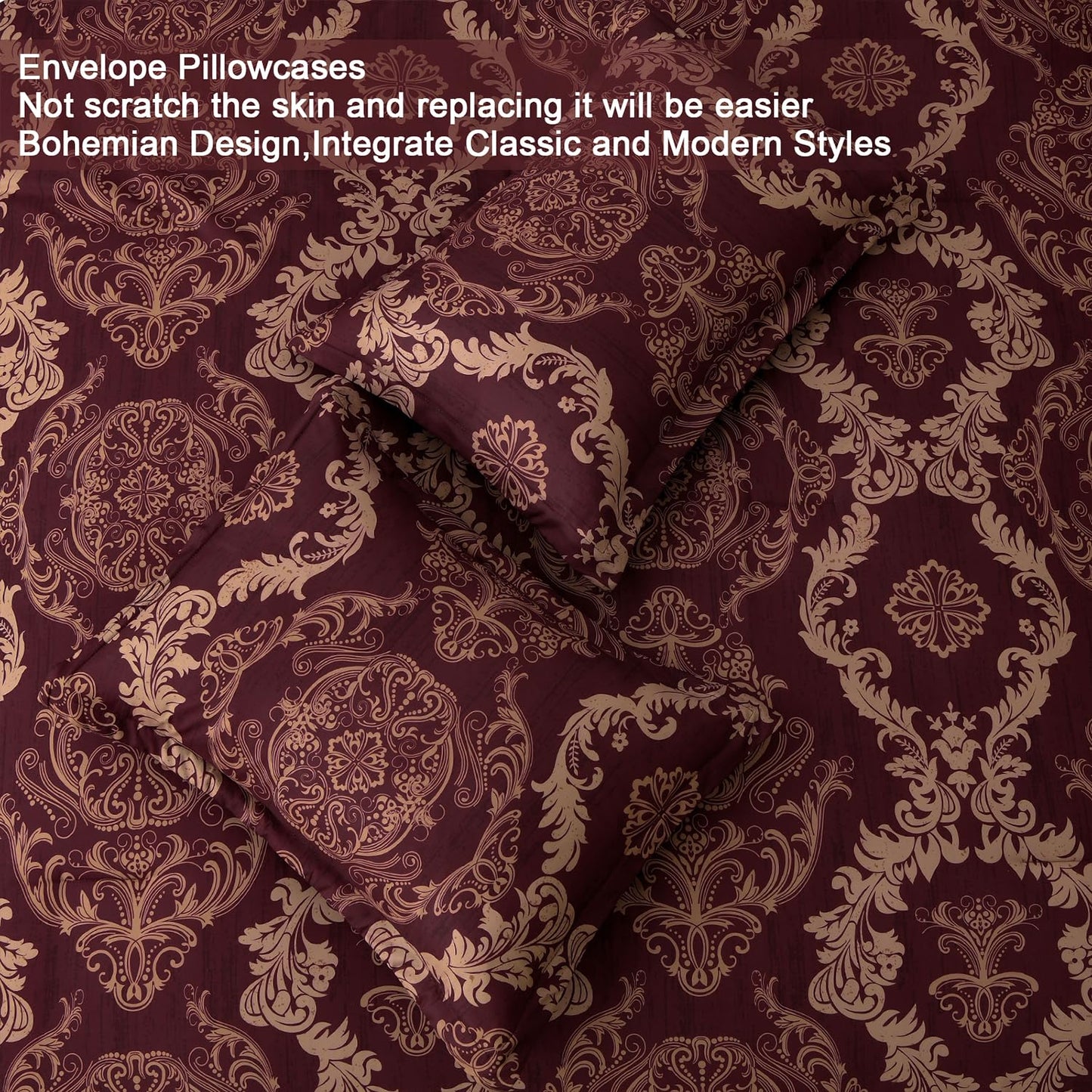 WONGS BEDDING Burgundy Comforter Set Queen Size, Maroon Damask Texture 7 Pieces Bed in a Bag Microfiber Comforter Bedding Sets -1 Comforter, 1 Flat Sheet, 1 Fitted Sheet, 2 Pillow Shams, 2 Pillowcases