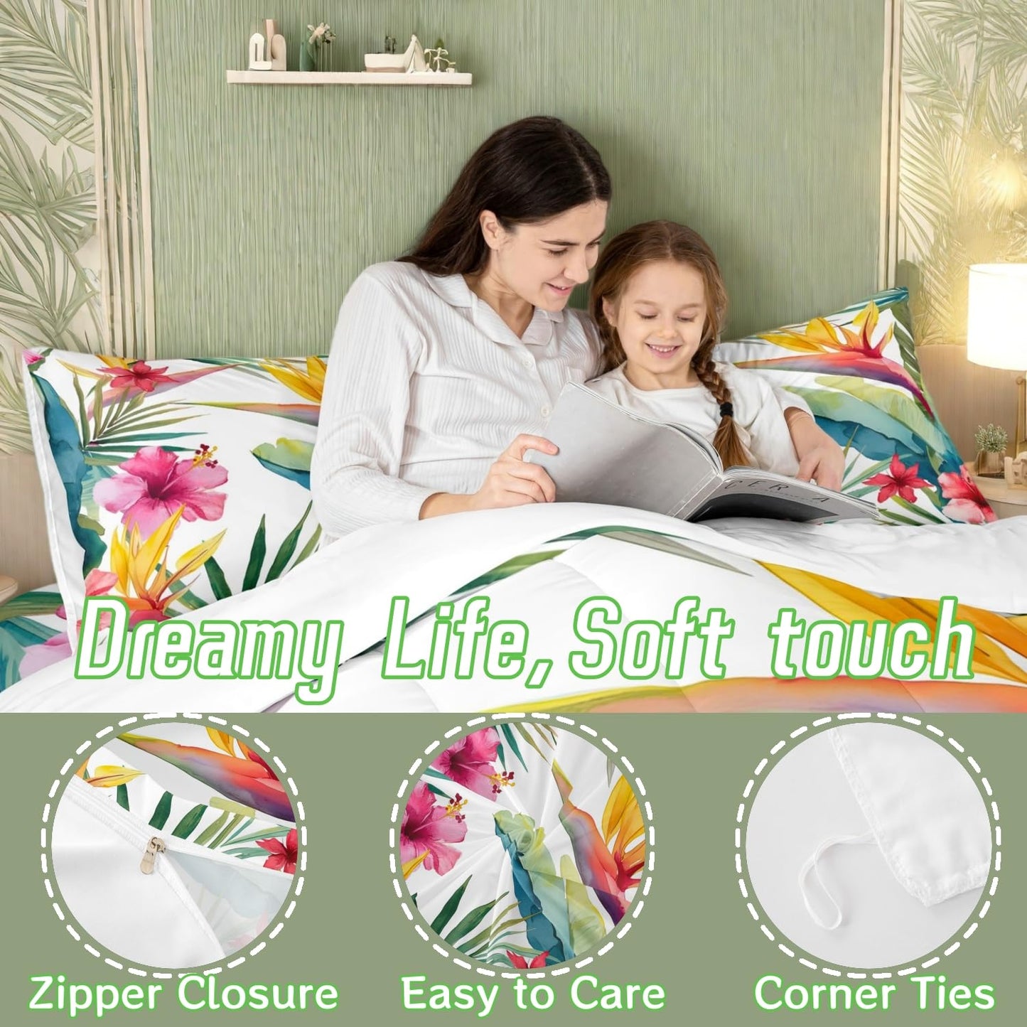 Tropical Tree Plant Duvet Cover Set King Size with Zipper Closure, Watercolor Red Hibiscus Flower Pattern Printed Comforter Cover,Palm Leaves Bedding Sets with 2 Pillow Cases,Soft,Green Pink