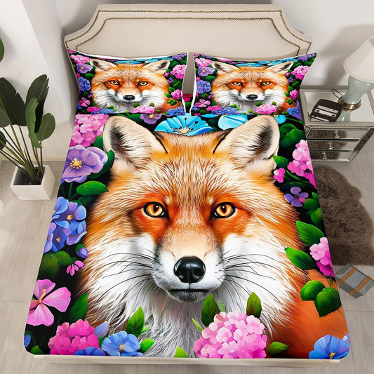 Fox Print Fitted Sheet - Cartoon Fox Bed Sheet Set for Kids - Colorful Flowers & Butterfly Bedding Set - Ultra Soft Decor - Twin Size