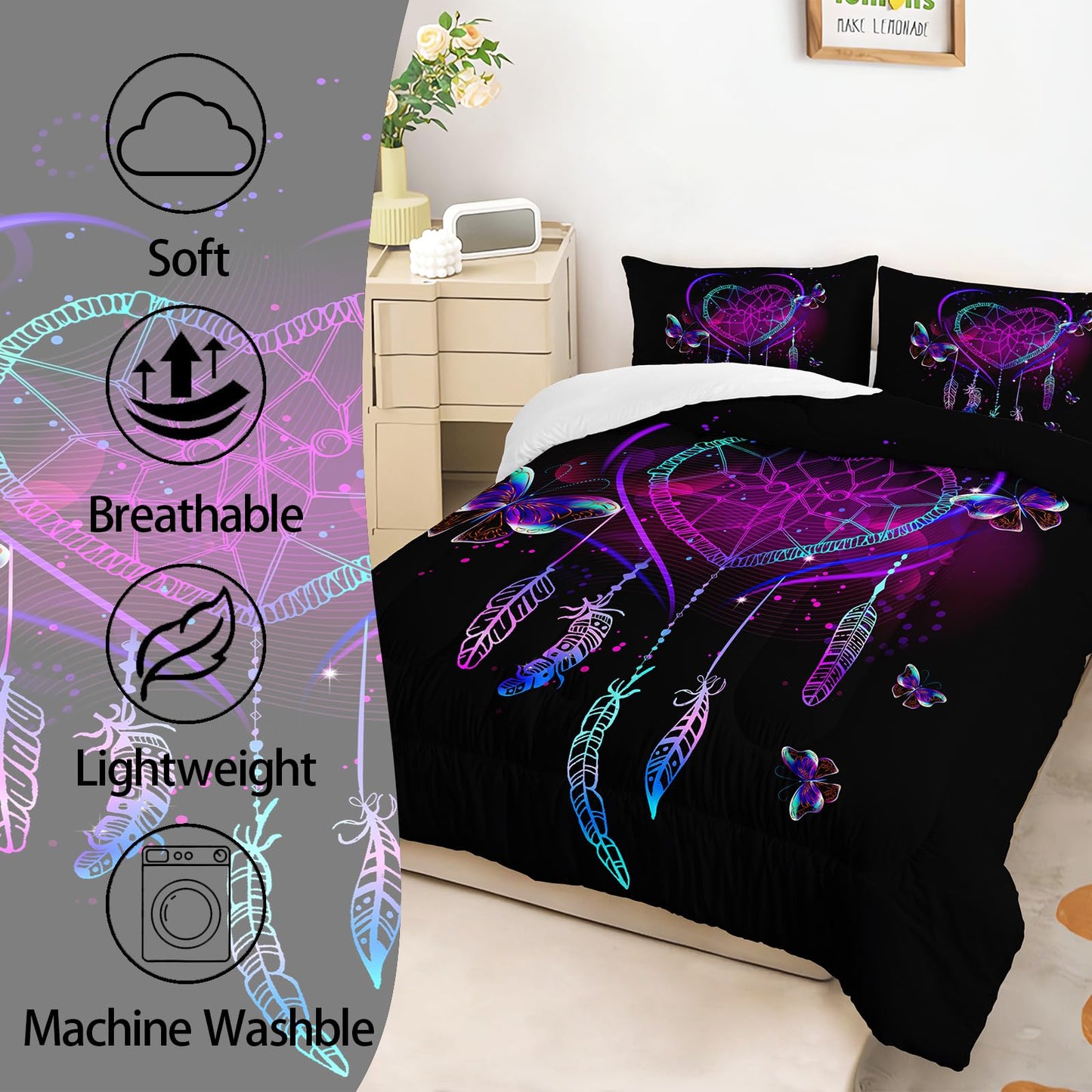 AILONEN Neon Love Comforter Set Queen Size, Valentine Gift Crystal Purple Butterfly Plume Design Bedding Set,Black and Purple Bedroom Decor Print Quilt 3Pcs (1 Comforter+ 2 Pillowcases)