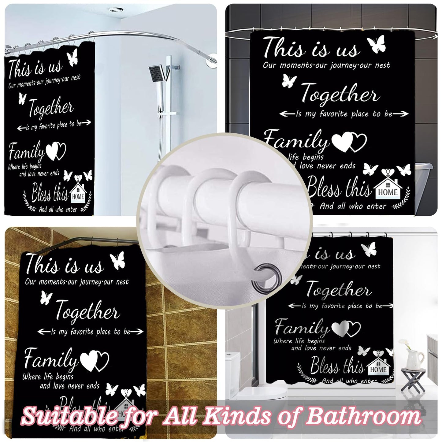 NEWSUYAA Black Bathroom Shower Curtain Set with Family Quotes,4 Pcs Home Inspirational Bath Decor with Non-Slip Bath Mat, Toilet Lid Cover & U-Shape Rug, Modern Farmhouse 72x72 Inch with Hooks