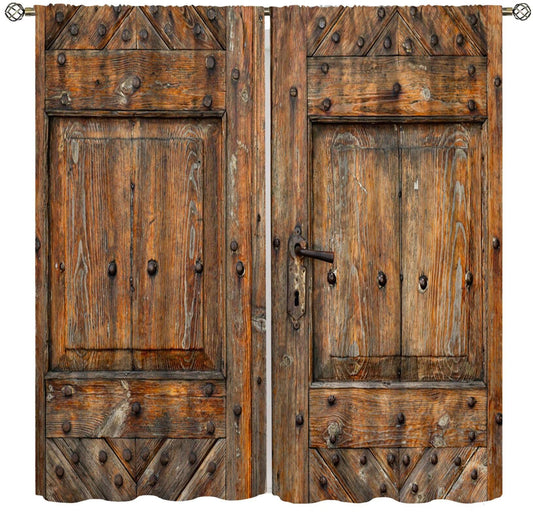 Brown Wooden Barn Door Curtain, Rustic Retro Woods Vintage Farmhouse Countryside Print Decor Rod Pocket Window Drapes, for Living Room Bedroom Kitchen 42" W X 45" L