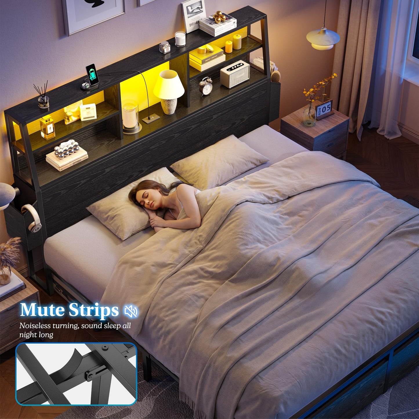 Homkdom Full Size Bed Frame with Storage, Full Bed Frame with LED Light and Charging Station,Bed Frame Full with Headboard for Apartment,Guest Room,Black