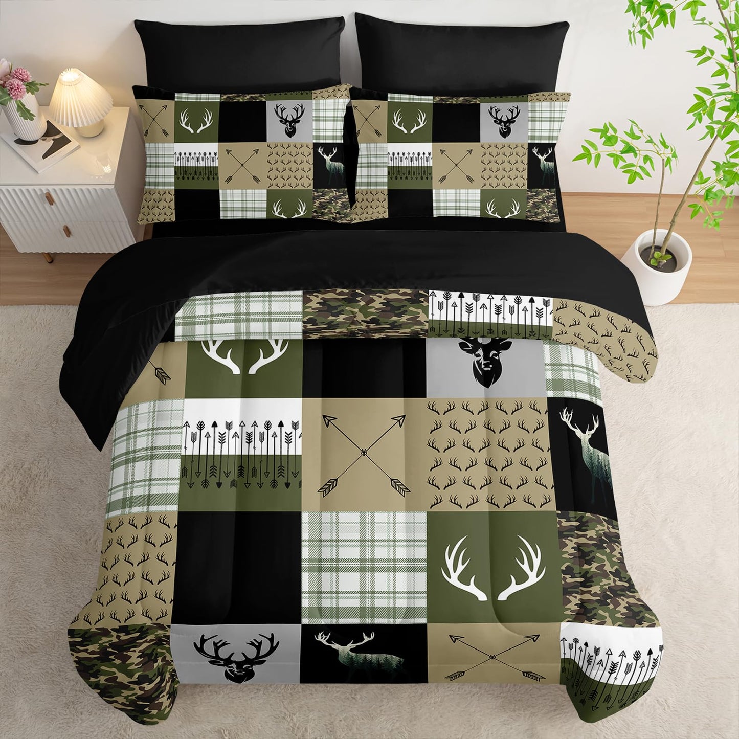 Nttopship Hunting Camo Comforter Sets Bed in A Bag Twin Size 7PCS Red Bedding Set，Deer Hunting Camo Comforter Set,Bed Sheet Set Hunt Deer for Girls Boys Kids,Microfiber Lightweight All Season