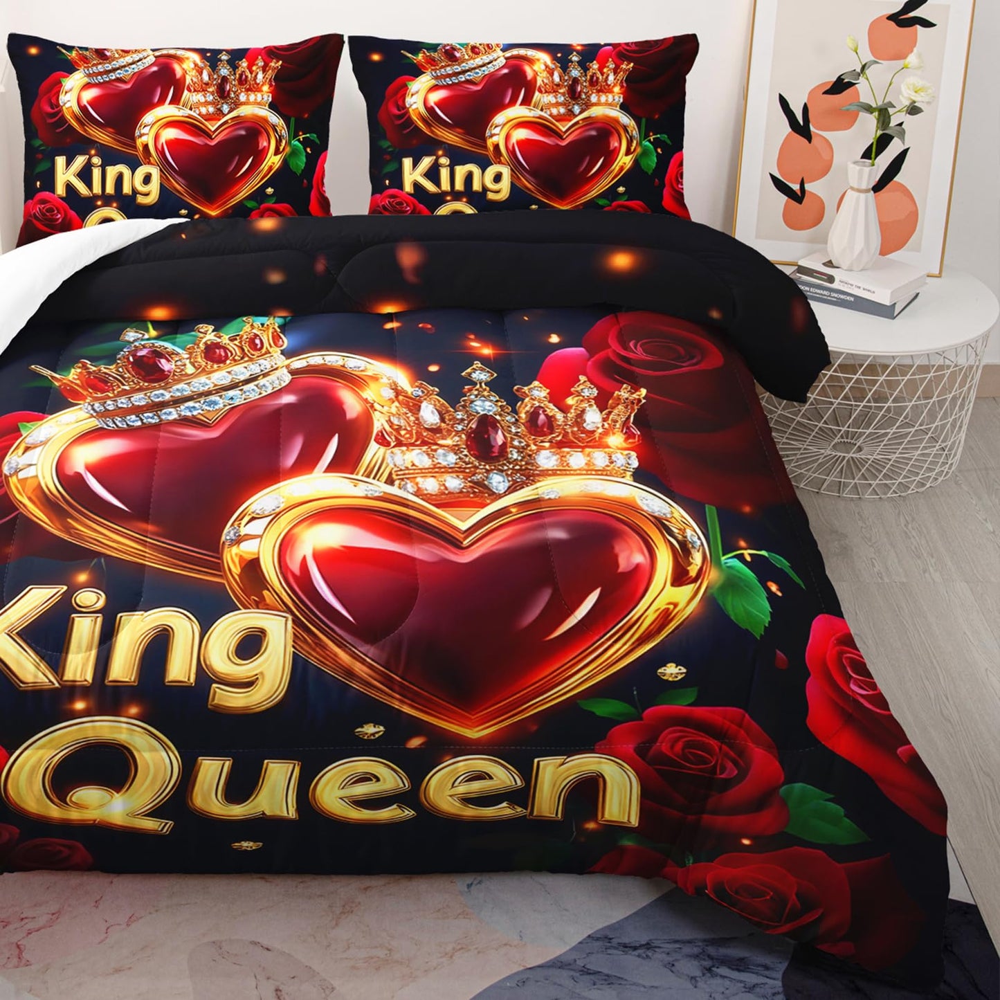 AILONEN K & Q Hearts Print Comforter Set Queen Size,Red and Black Rose Bedding with 2 Pillowcases,Valentine Romantic 3Pcs