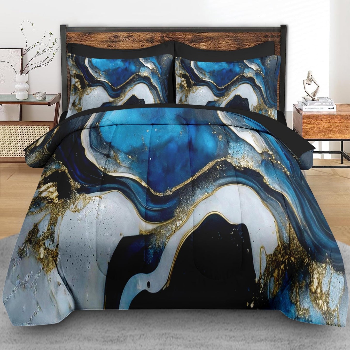 Pamnest Comforter Set Queen Size, Deep Blue Painting 7 Pcs Bedding Set for Kids and Adults, Gold Marble Stone Bed Sheet Sets with Fitted Sheet 2 Pillowcase & 2 Sham for Bedroom Bed Decor