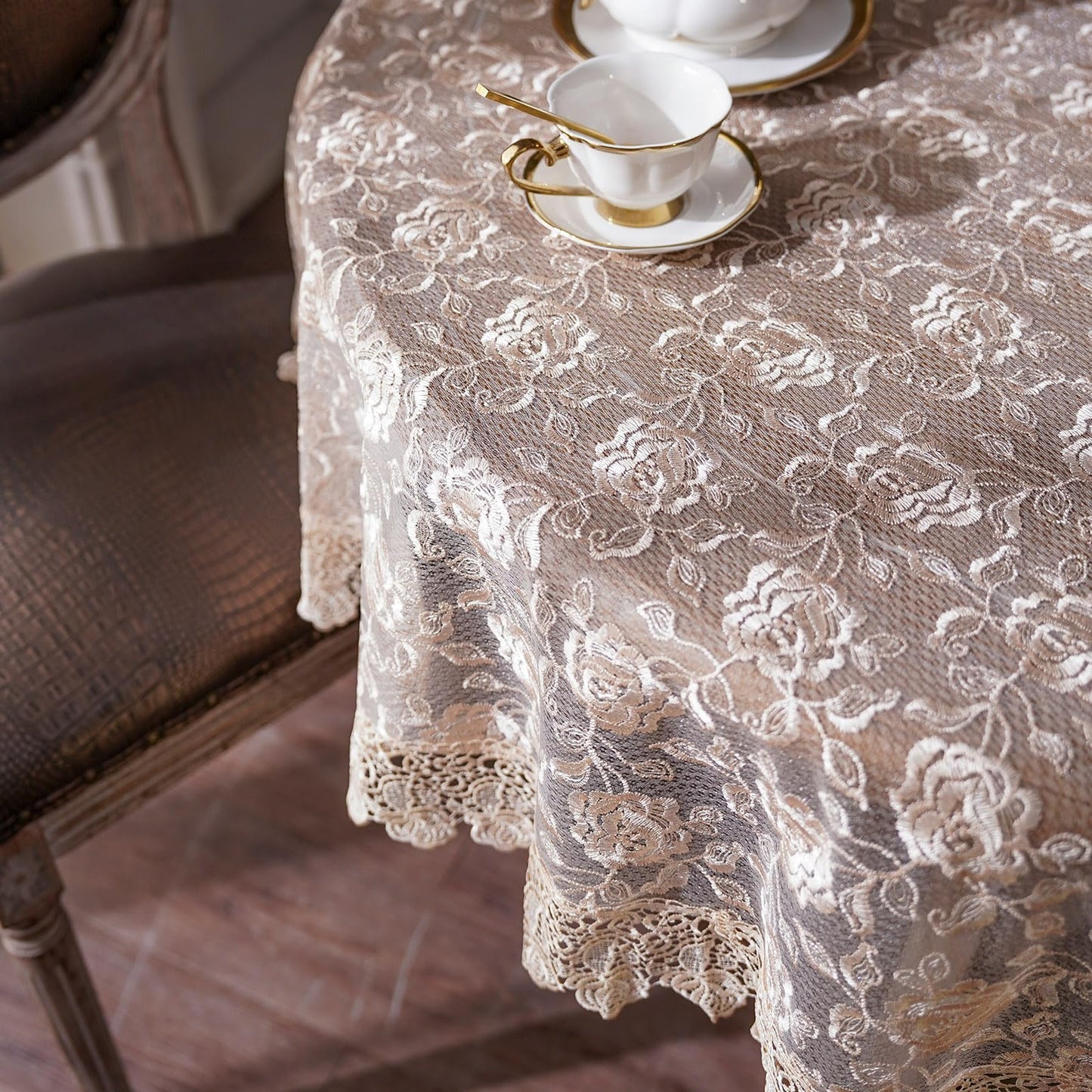 ARTABLE Rectangle Small Table Cloth Lace Macrame Vintage Tablecloth Shabby Chic Embroidered Oblong Table Cover for Wedding Banquet Holiday Long Dinner Tables (Golden, 70 Inch Round)