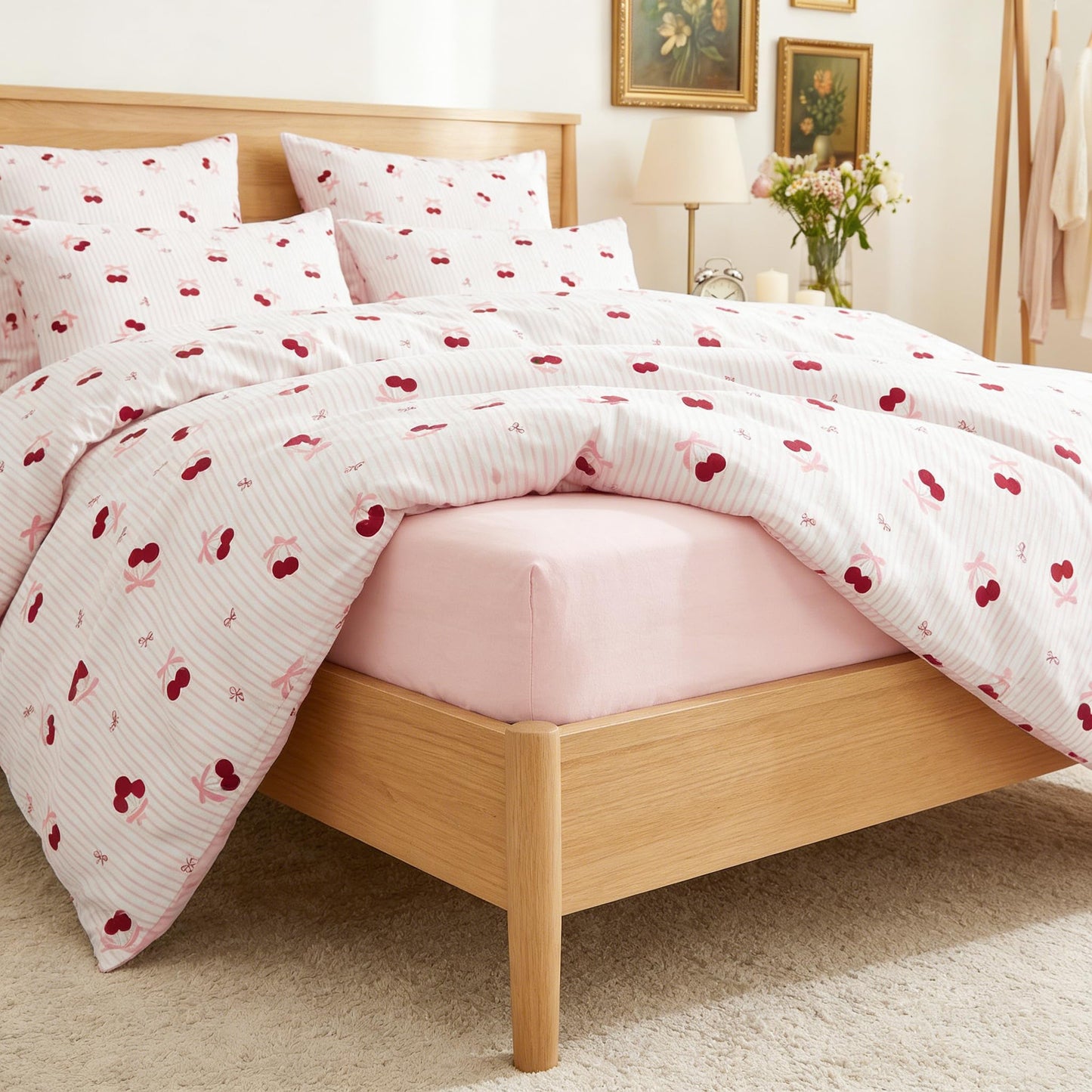 Sedefen Pink Bow Duvet Cover Queen Size Cherry Red Striped Duvet Cover Set Bows Cherries Printed on White Stripe Reversible Bedding Set 3 Pcs with 2 Pillowcases Gift for Women Girls