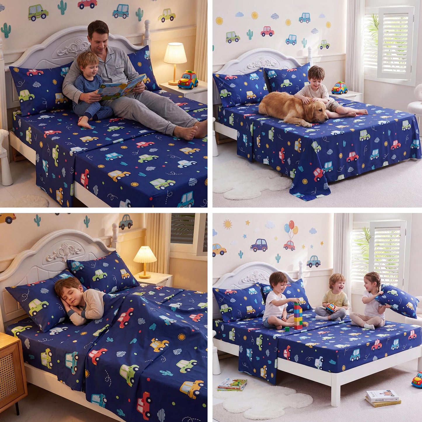 Ocharo Kids Sheet Set Full Size,Boys Sheet Set with Colorful Cars Pattern,Kids Cute Car Bed Sheet Navy Blue Soft Microfiber Deep Pocket Bedding Sheets and Pillowcases 4 Pieces.
