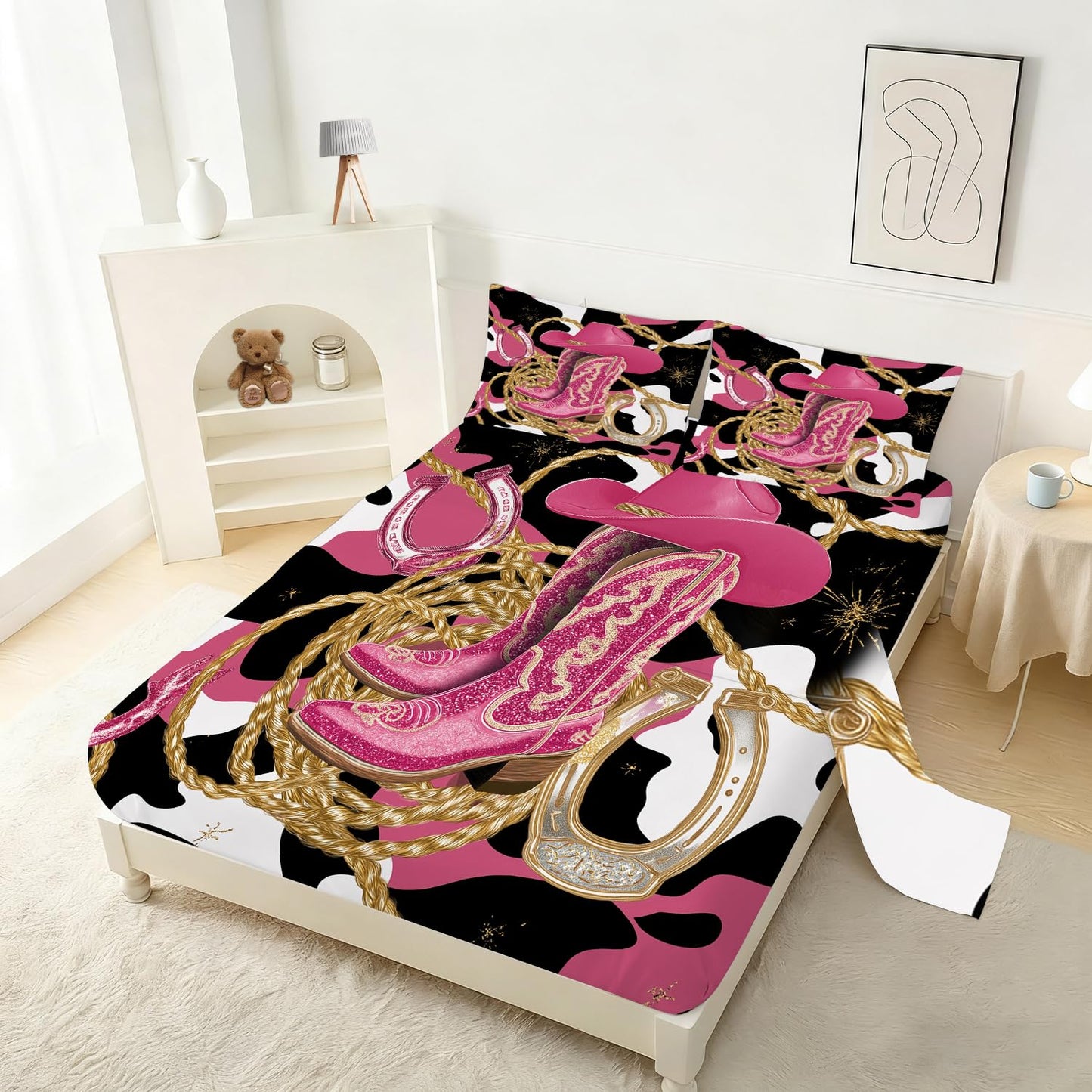 VTKON Pink Cowgirl Sheet Set Twin Size for Girls Boys Kids Women Glitter Boots & Horseshoe Print Fitted Sheet Set Cowhide Pattern Bed Sheets 1 Fitted Sheet+1 Flat Sheet+1 Pillowcase