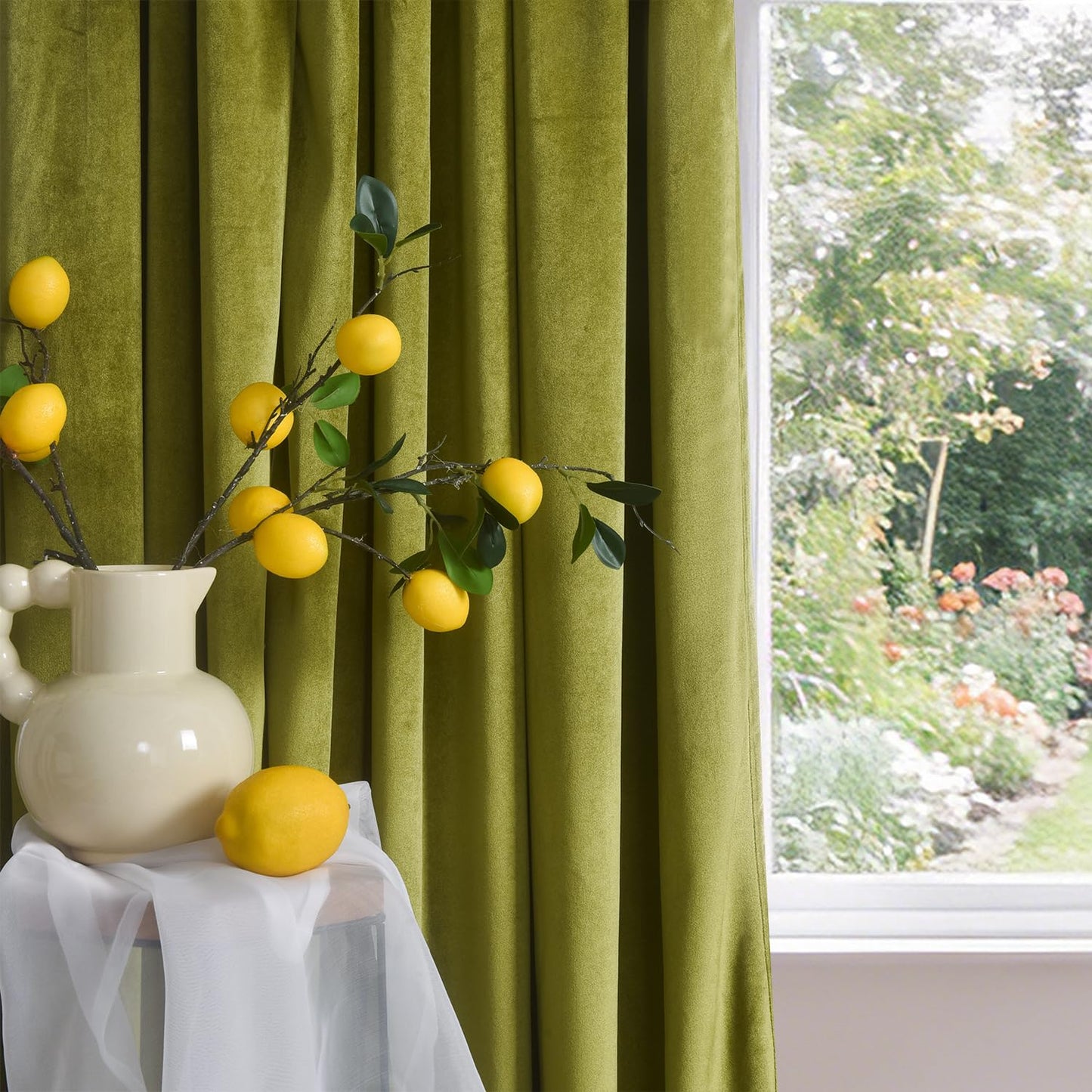 Roslynwood Velvet Olive Green Curtain 63 inch Long - Curtains Block Light Rod Pocket Thermal Insulated Window Drapes Set for Living Room/Bedroom/Dining Room, W52 x L63, 2 Panels