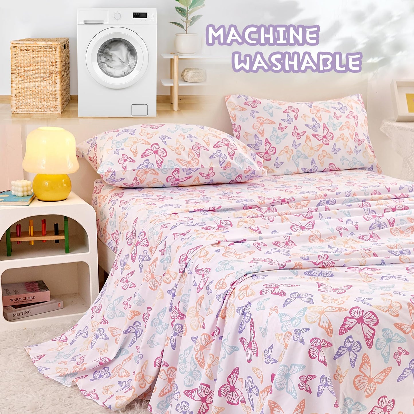 Yibeizi Butterfly Twin Sheets Set for Girls, Kids Cute Bedsheets Microfiber Deep Pocket Bed Sheet & Pillowcase Sets 3 Pieces