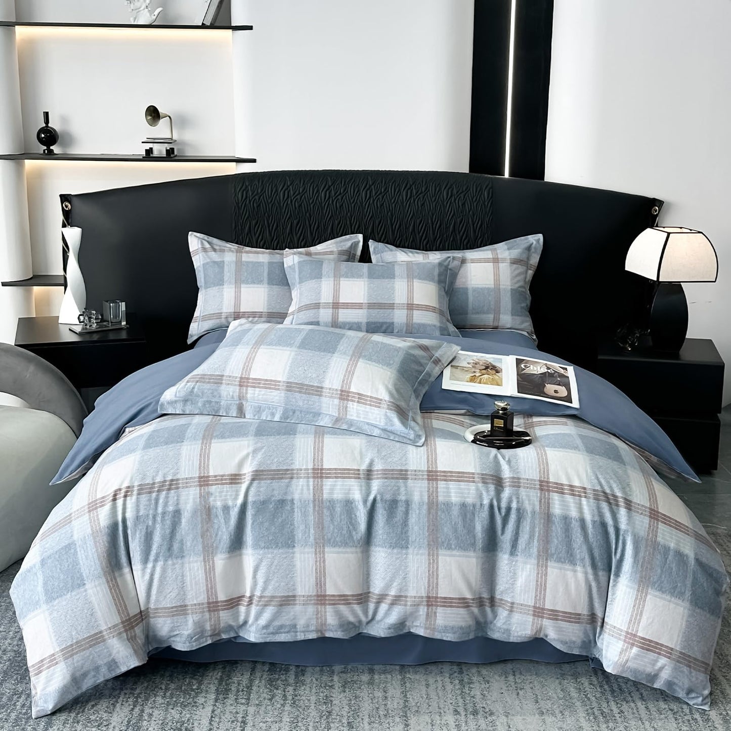 VM VOUGEMARKET Blue Plaid Duvet Cover Queen,3 Pieces Soft Brushed Cotton Duvet Cover Set,Simple Modern Teen Boys Gingham Bedding Set Without Comforter-90x90 Inch