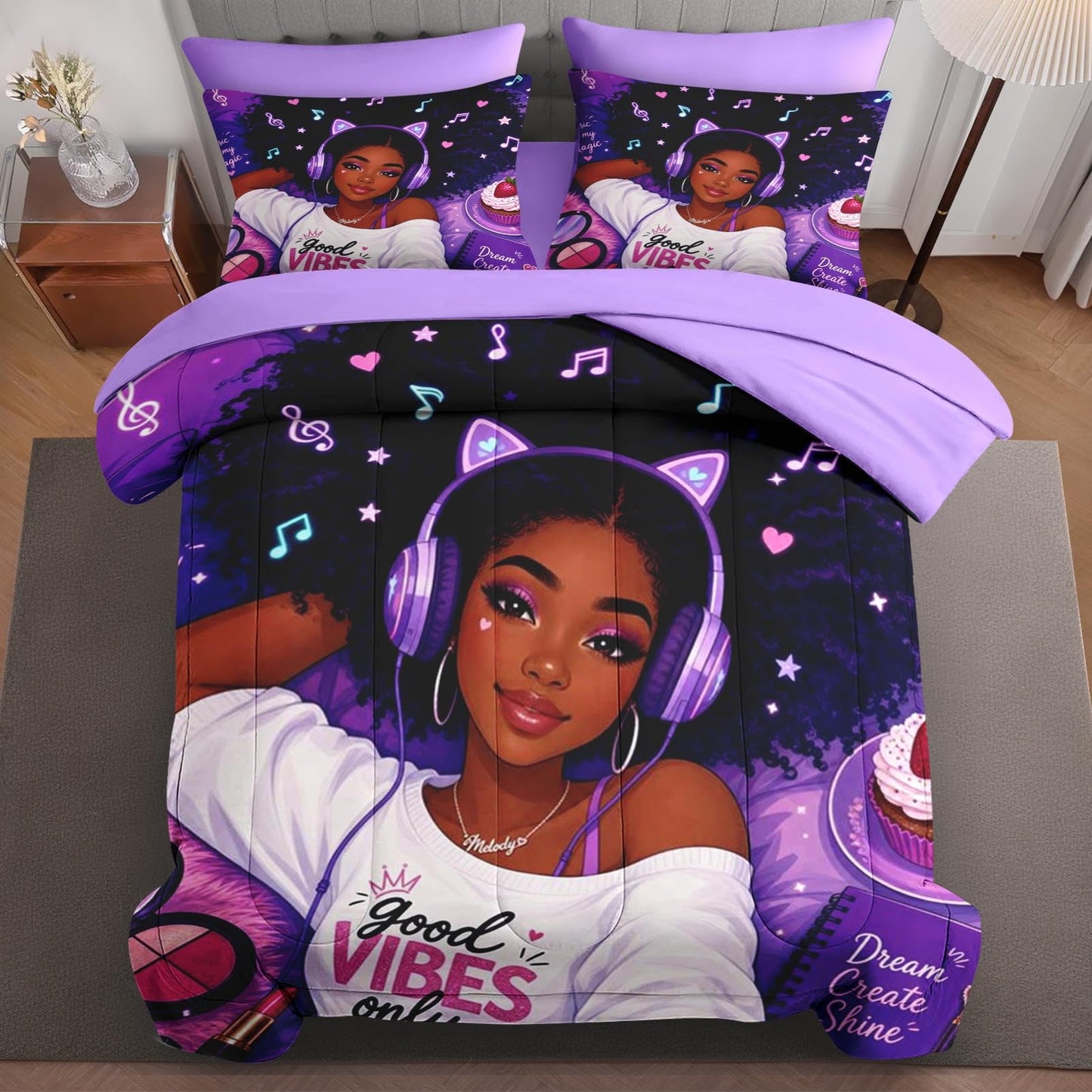 Boewywh Comforter Set Twin Size Music Purple Kawaii 5 Pcs, Bedding for Kids and Adults, Black Girly Bed Sheet Sets with Fitted Sheet Pillowcase & Sham for Bedroom Bed Decor