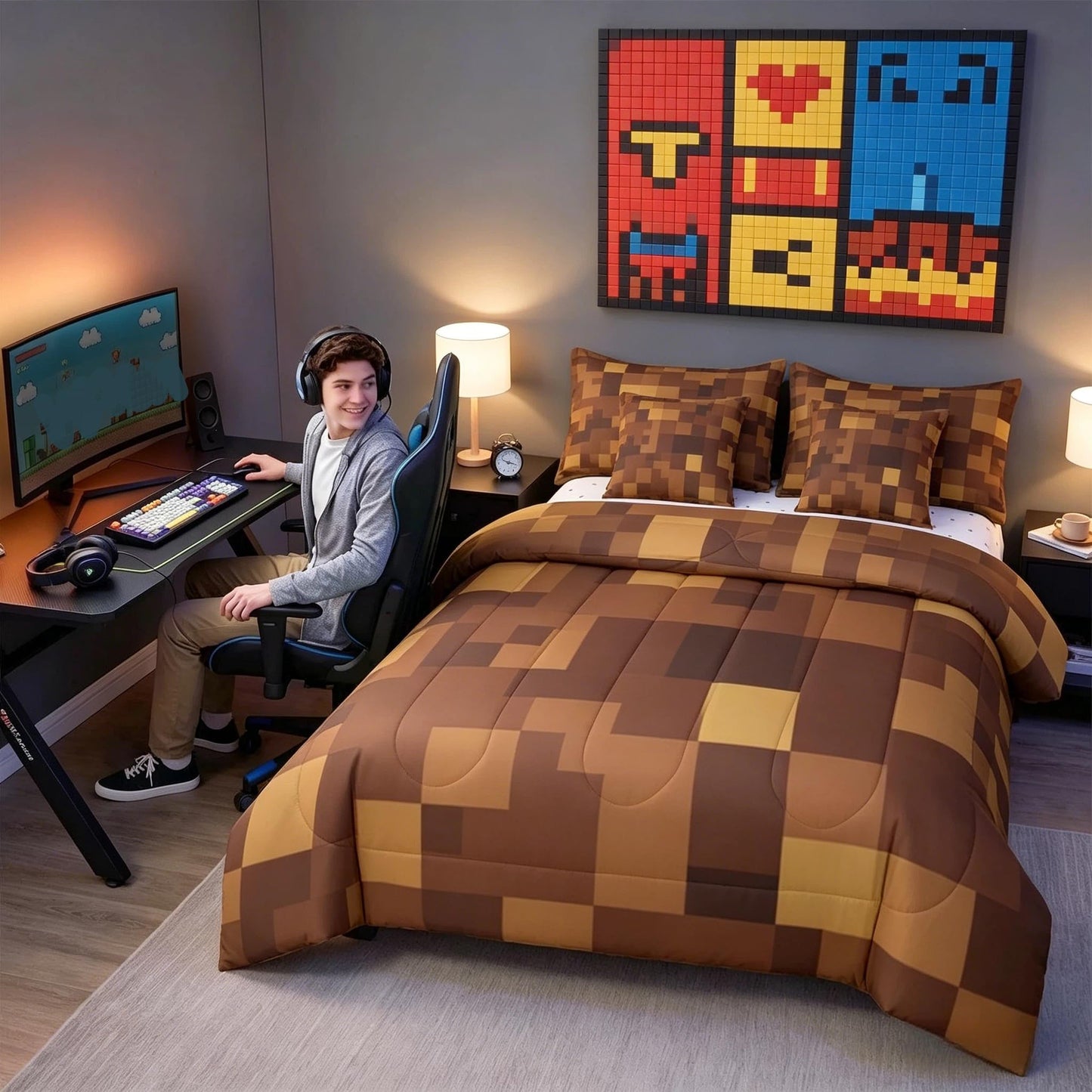 Feelyou Pixel Theme Comforter Set with Sheets 7 Piece Twin Size Geometric Square Bed in a Bag Kids Boys Girls Gamer Bedding Set Mosaic Bedroom Decor Brown Breathable Soft Lightweight Microfiber