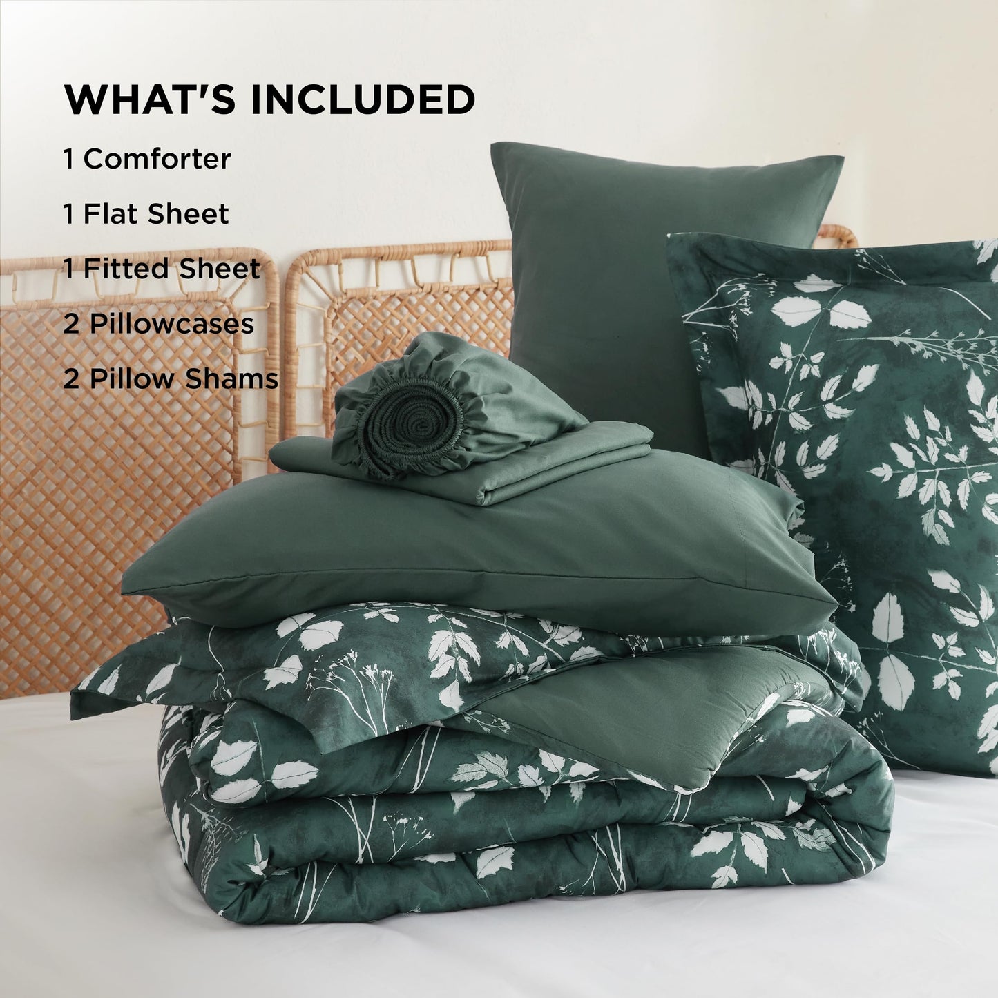 Bedsure King Size Comforter Set - 7 Pieces Floral Forest Green Soft Bedding Sets, King Bed in a Bag with Botanical Flowers Comforter, Sheets, Pillowcases & Shams